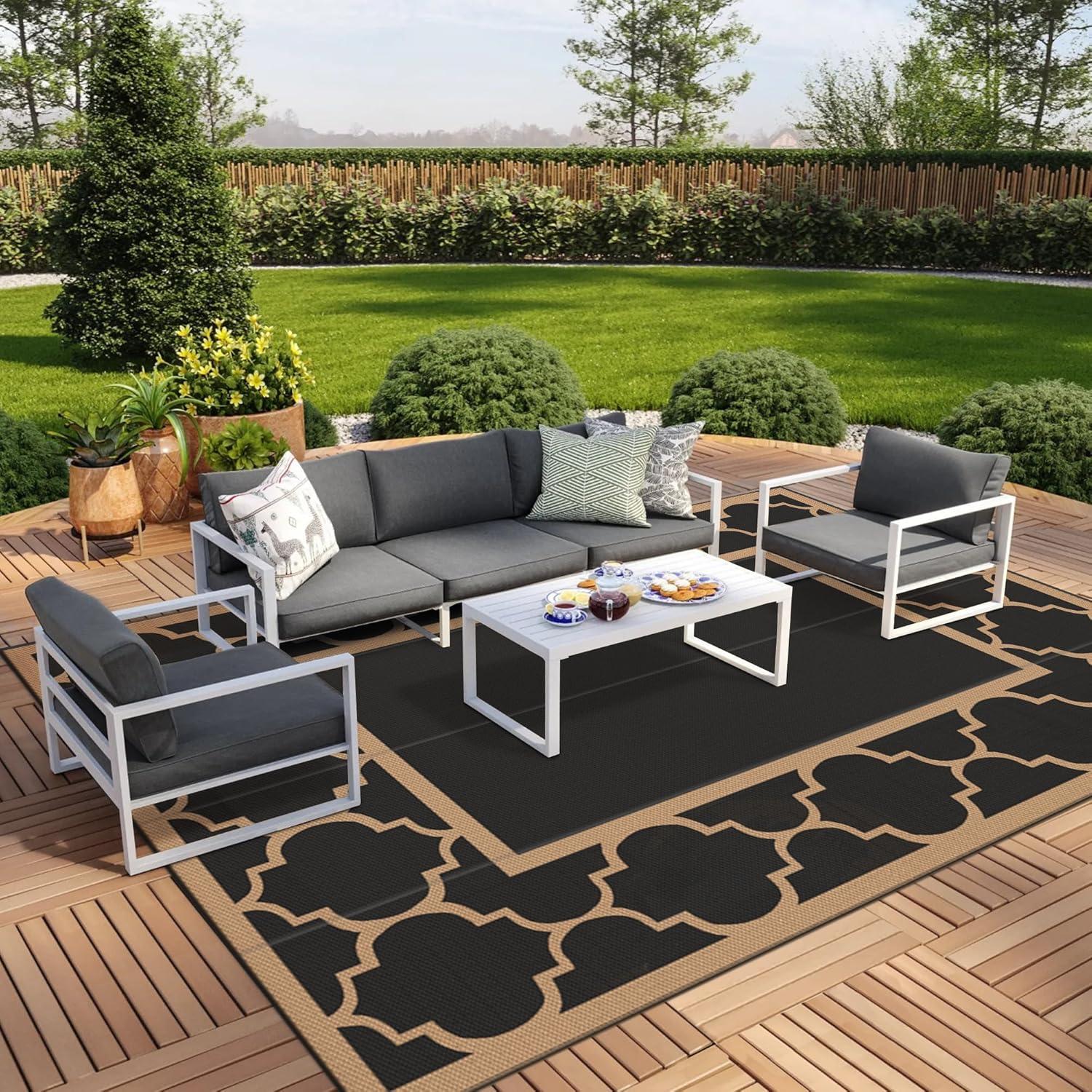 imageGENIMO 5 x 8 Outdoor Rug for Patio Waterproof Indoor Outdoor Plastic Straw Rugs Carpet Reversible Outside Area Mat for Camping Balcony Porch Deck Picnic Beach Navy Blue amp Jade GreenBlackbrown