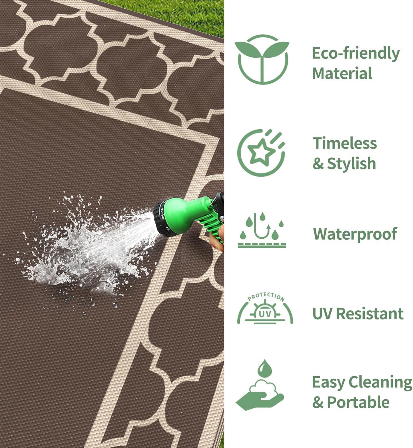imageGENIMO 5 x 8 Outdoor Rug for Patio Waterproof Indoor Outdoor Plastic Straw Rugs Carpet Reversible Outside Area Mat for Camping Balcony Porch Deck Picnic Beach Navy Blue amp Jade GreenCoffeebeige