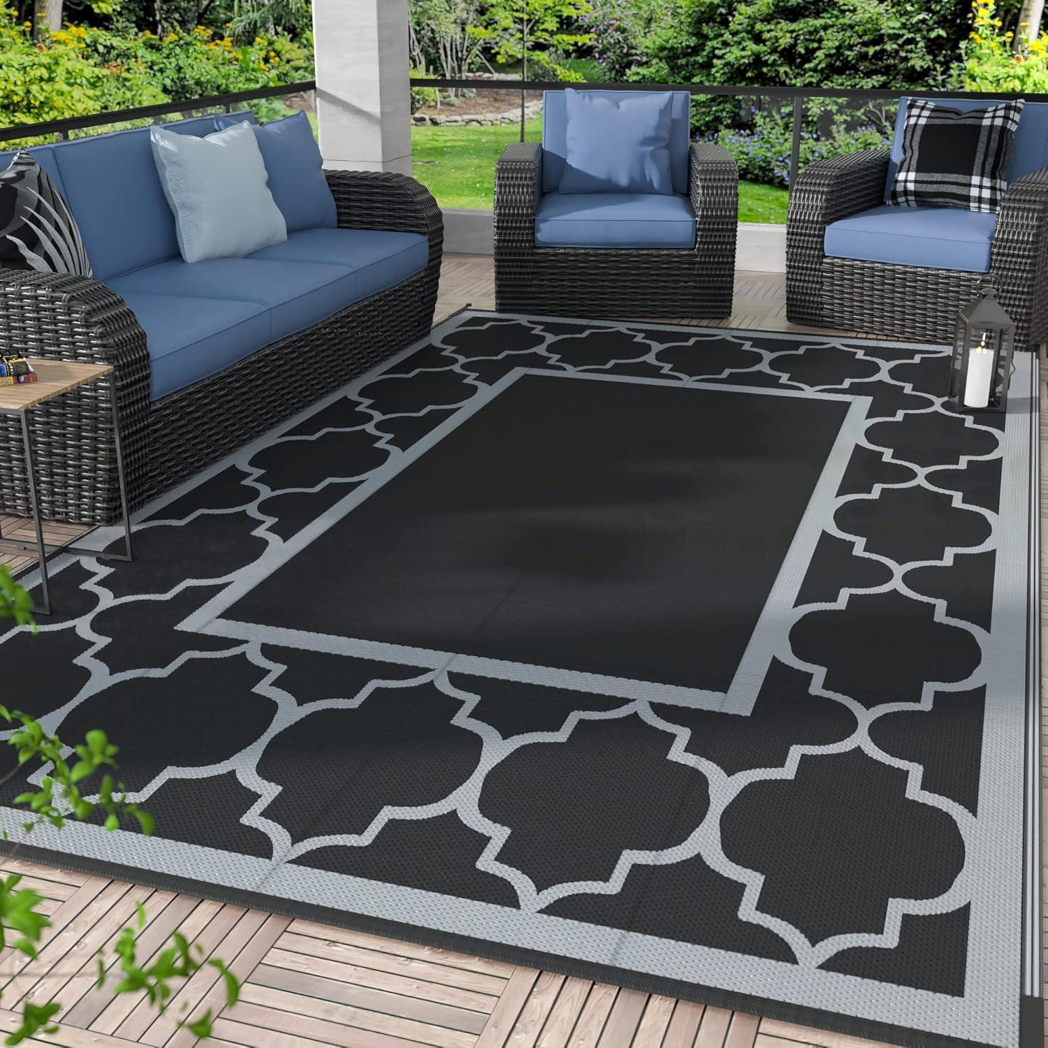imageGENIMO 5 x 8 Outdoor Rug for Patio Waterproof Indoor Outdoor Plastic Straw Rugs Carpet Reversible Outside Area Mat for Camping Balcony Porch Deck Picnic Beach Navy Blue amp Jade GreenLanternBlackgray