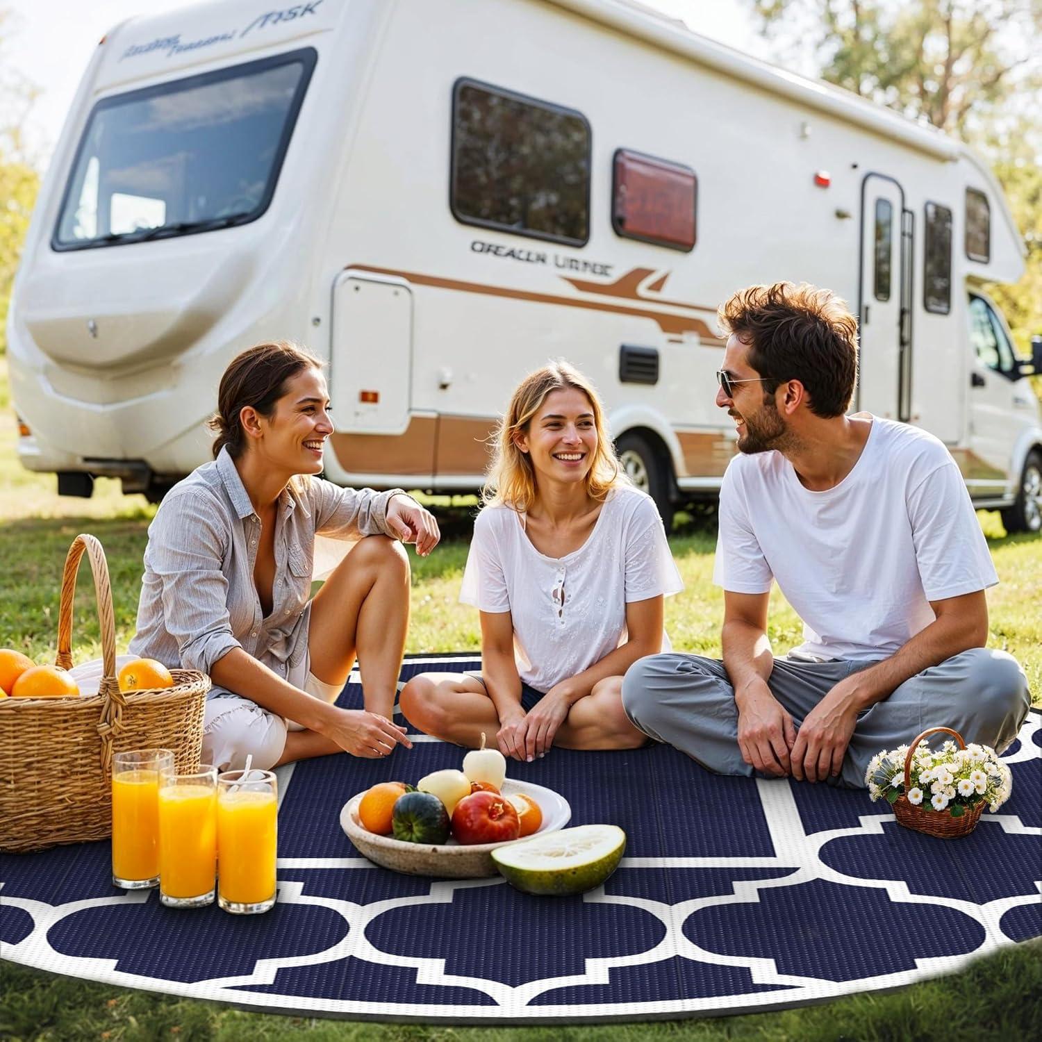 imageGENIMO 5 x 8 Outdoor Rug for Patio Waterproof Indoor Outdoor Plastic Straw Rugs Carpet Reversible Outside Area Mat for Camping Balcony Porch Deck Picnic Beach Navy Blue amp Jade GreenNavy Blue White