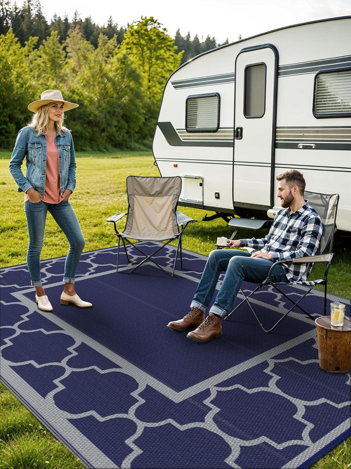 imageGENIMO 5 x 8 Outdoor Rug for Patio Waterproof Indoor Outdoor Plastic Straw Rugs Carpet Reversible Outside Area Mat for Camping Balcony Porch Deck Picnic Beach Navy Blue amp Jade GreenBlue Grey