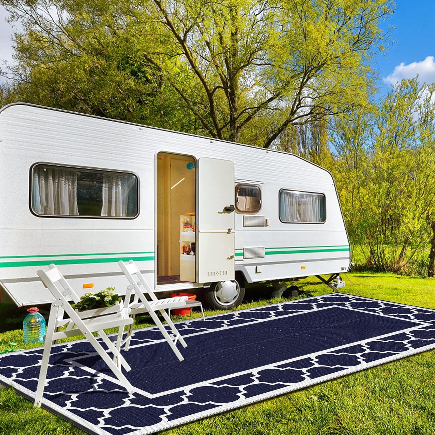 imageGENIMO 5 x 8 Outdoor Rug for Patio Waterproof Indoor Outdoor Plastic Straw Rugs Carpet Reversible Outside Area Mat for Camping Balcony Porch Deck Picnic Beach Navy Blue amp Jade GreenNavy Blue White