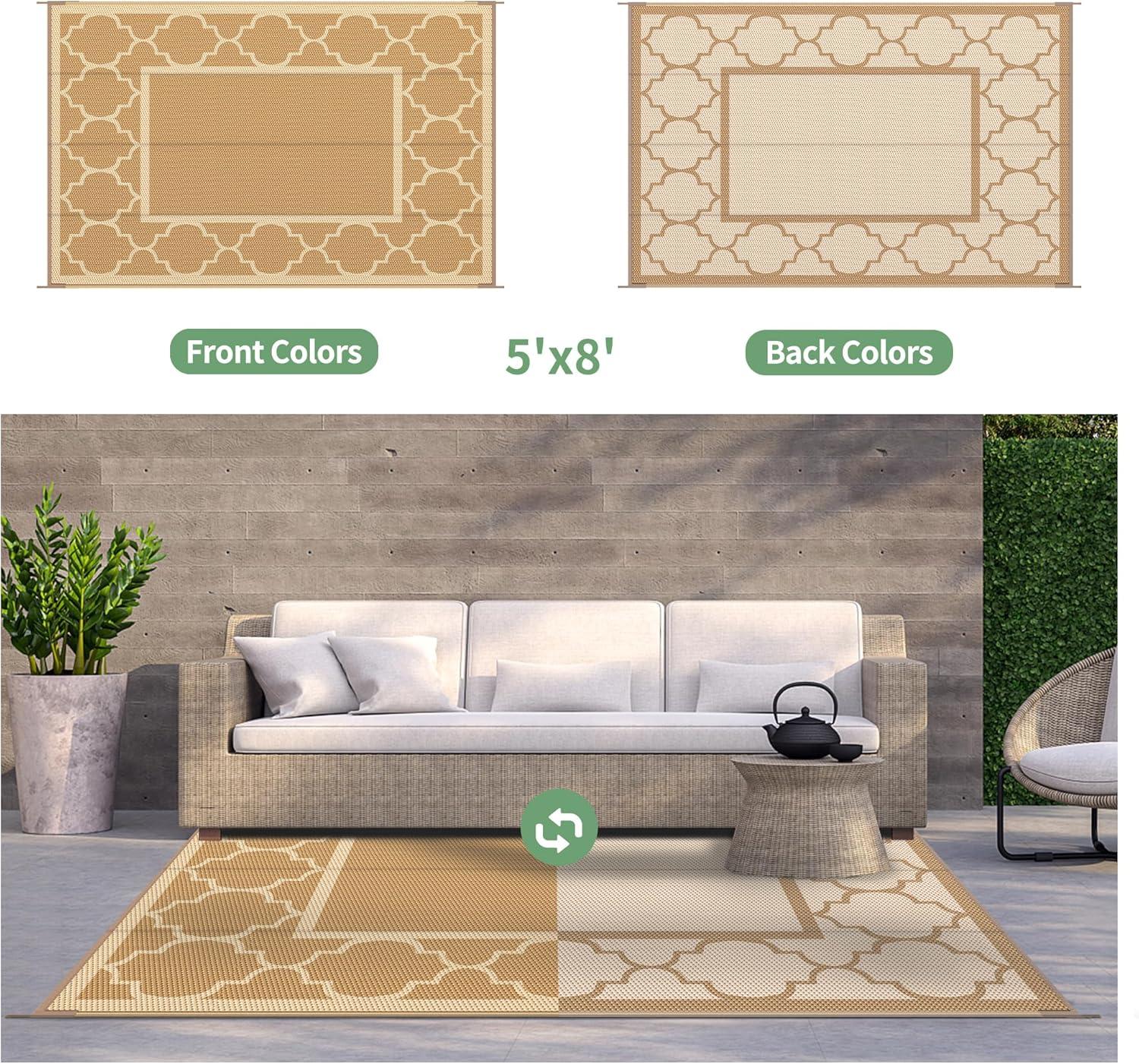 imageGENIMO 5 x 8 Outdoor Rug for Patio Waterproof Indoor Outdoor Plastic Straw Rugs Carpet Reversible Outside Area Mat for Camping Balcony Porch Deck Picnic Beach Navy Blue amp Jade GreenBrownbeige