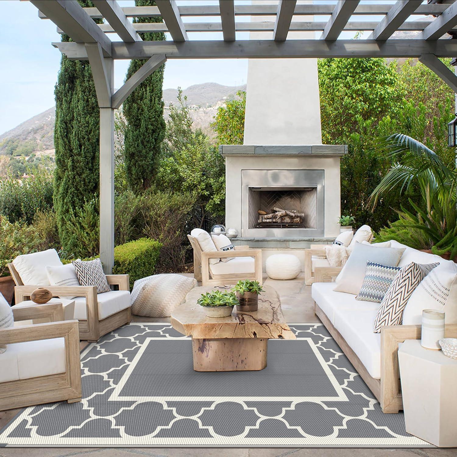 imageGENIMO 5 x 8 Outdoor Rug for Patio Waterproof Indoor Outdoor Plastic Straw Rugs Carpet Reversible Outside Area Mat for Camping Balcony Porch Deck Picnic Beach Navy Blue amp Jade GreenGreybeige White