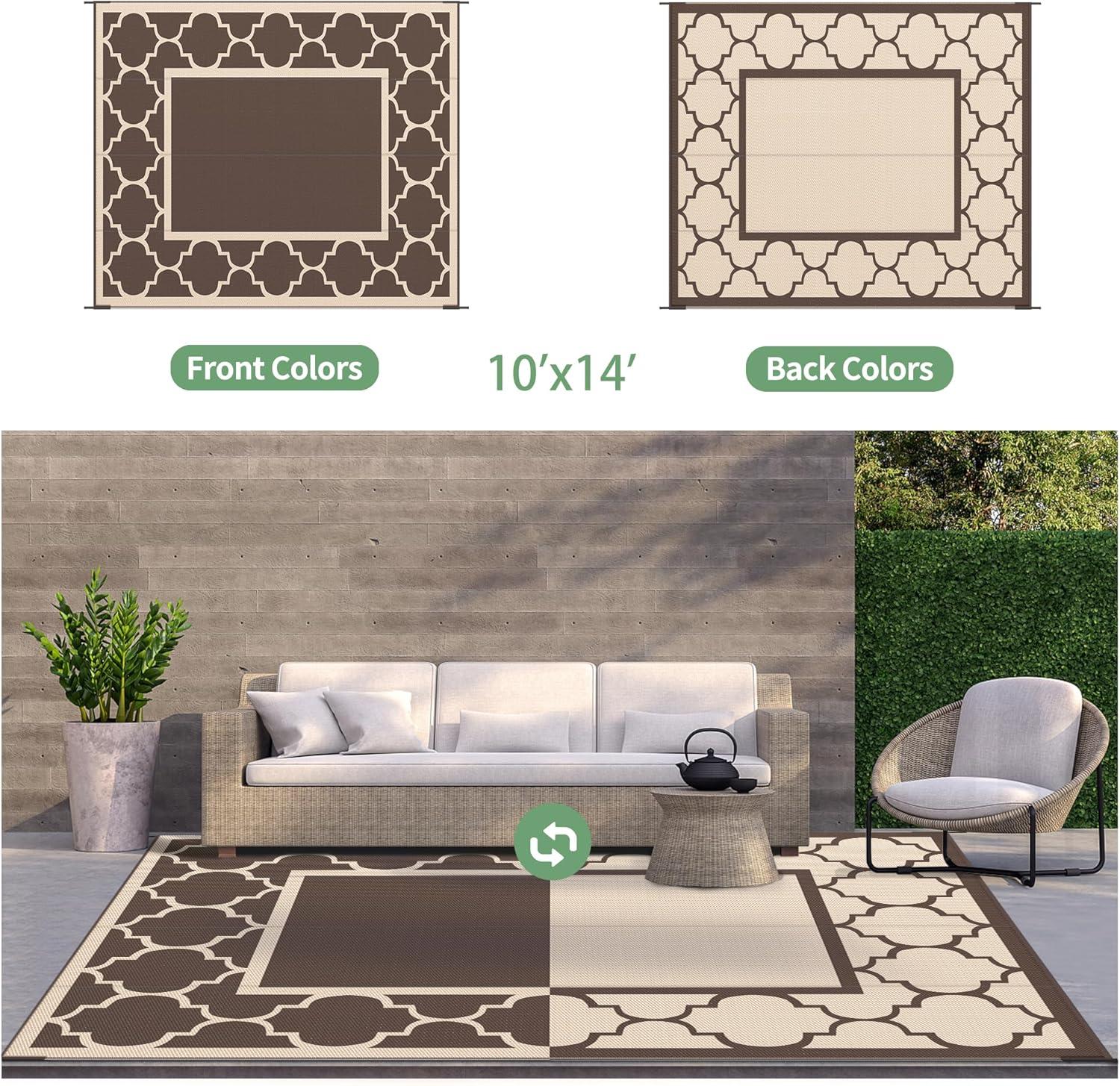 imageGENIMO 5 x 8 Outdoor Rug for Patio Waterproof Indoor Outdoor Plastic Straw Rugs Carpet Reversible Outside Area Mat for Camping Balcony Porch Deck Picnic Beach Navy Blue amp Jade GreenCoffeebeige