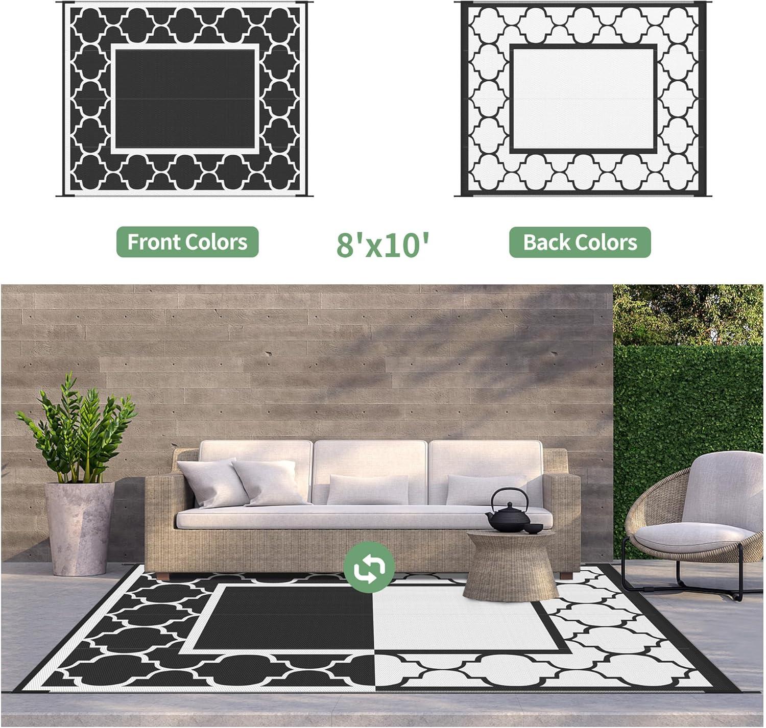 imageGENIMO 5 x 8 Outdoor Rug for Patio Waterproof Indoor Outdoor Plastic Straw Rugs Carpet Reversible Outside Area Mat for Camping Balcony Porch Deck Picnic Beach Navy Blue amp Jade GreenBlackwhite