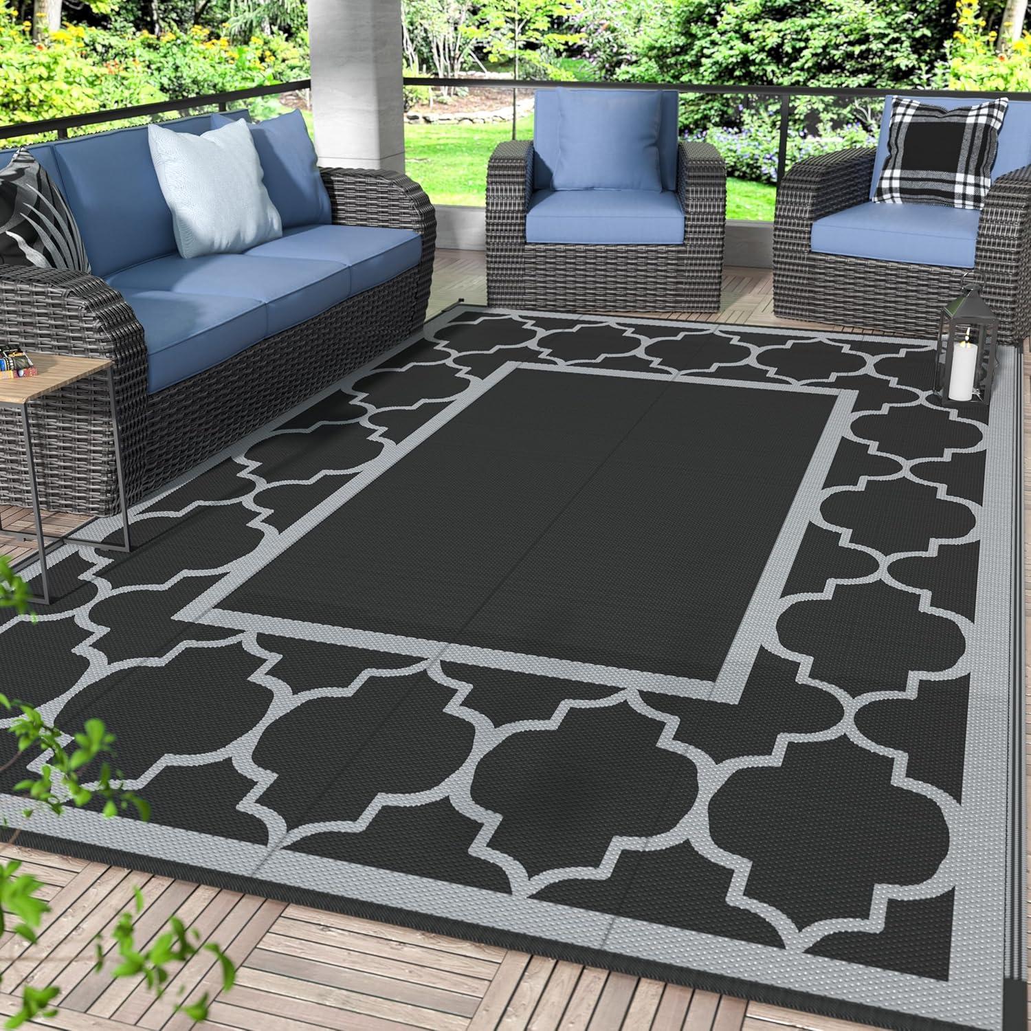 imageGENIMO 5 x 8 Outdoor Rug for Patio Waterproof Indoor Outdoor Plastic Straw Rugs Carpet Reversible Outside Area Mat for Camping Balcony Porch Deck Picnic Beach Navy Blue amp Jade GreenLanternBlackgray