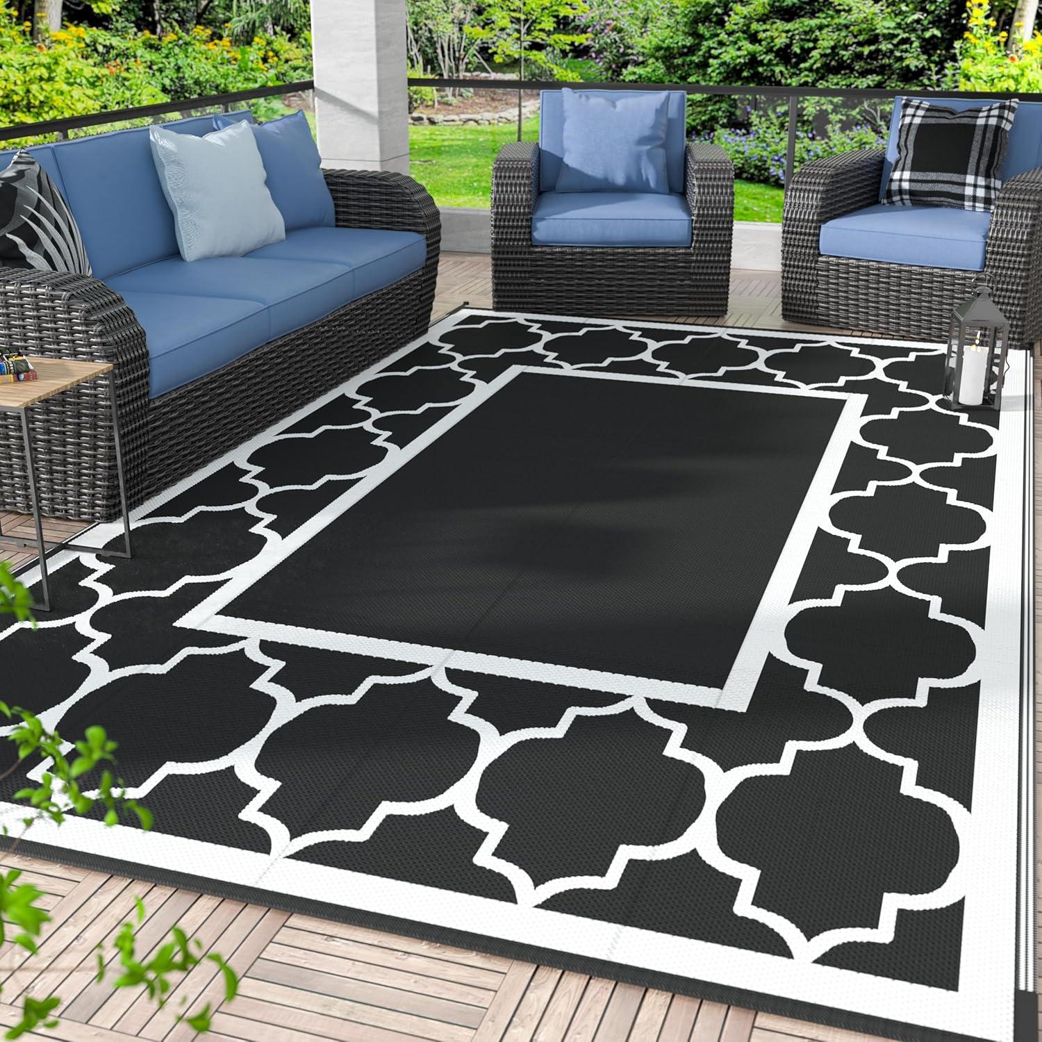 imageGENIMO 5 x 8 Outdoor Rug for Patio Waterproof Indoor Outdoor Plastic Straw Rugs Carpet Reversible Outside Area Mat for Camping Balcony Porch Deck Picnic Beach Navy Blue amp Jade GreenBlackwhite