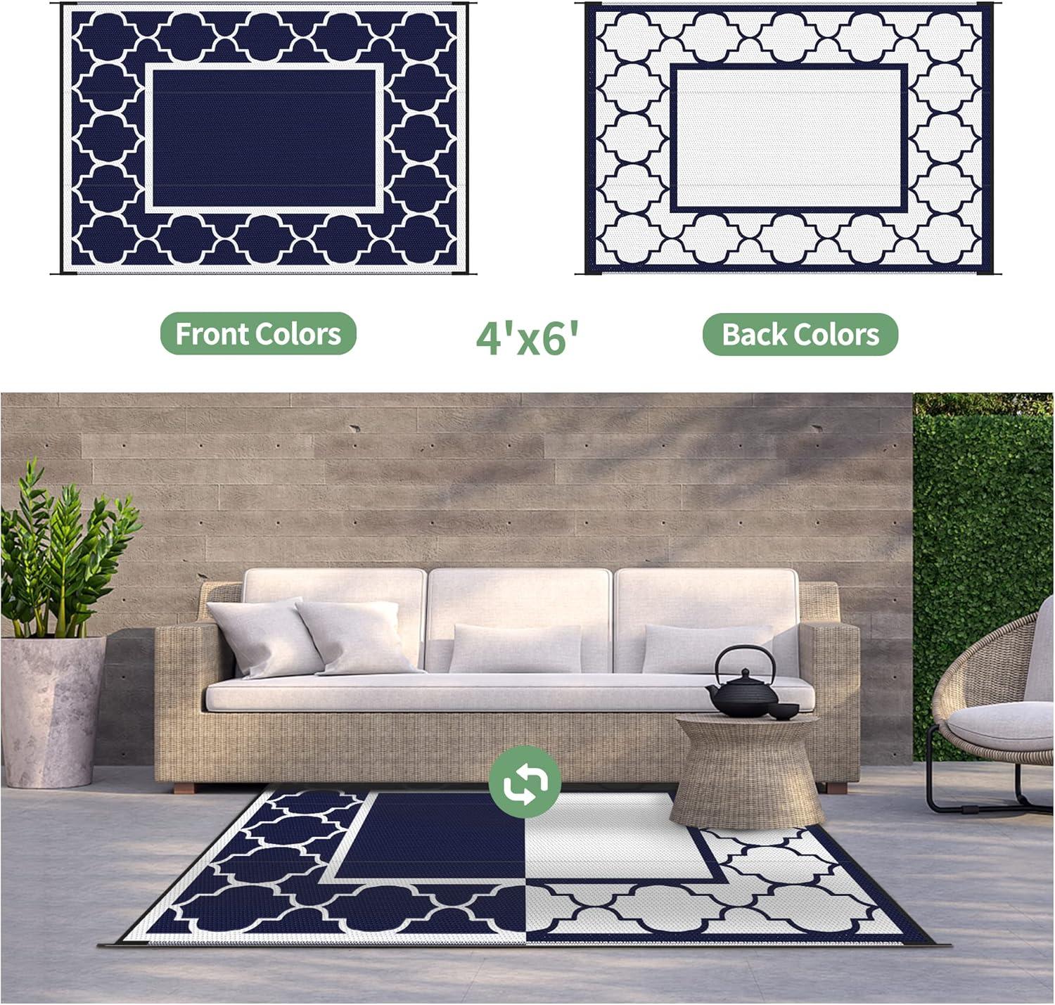 imageGENIMO 5 x 8 Outdoor Rug for Patio Waterproof Indoor Outdoor Plastic Straw Rugs Carpet Reversible Outside Area Mat for Camping Balcony Porch Deck Picnic Beach Navy Blue amp Jade GreenNavy Blue White