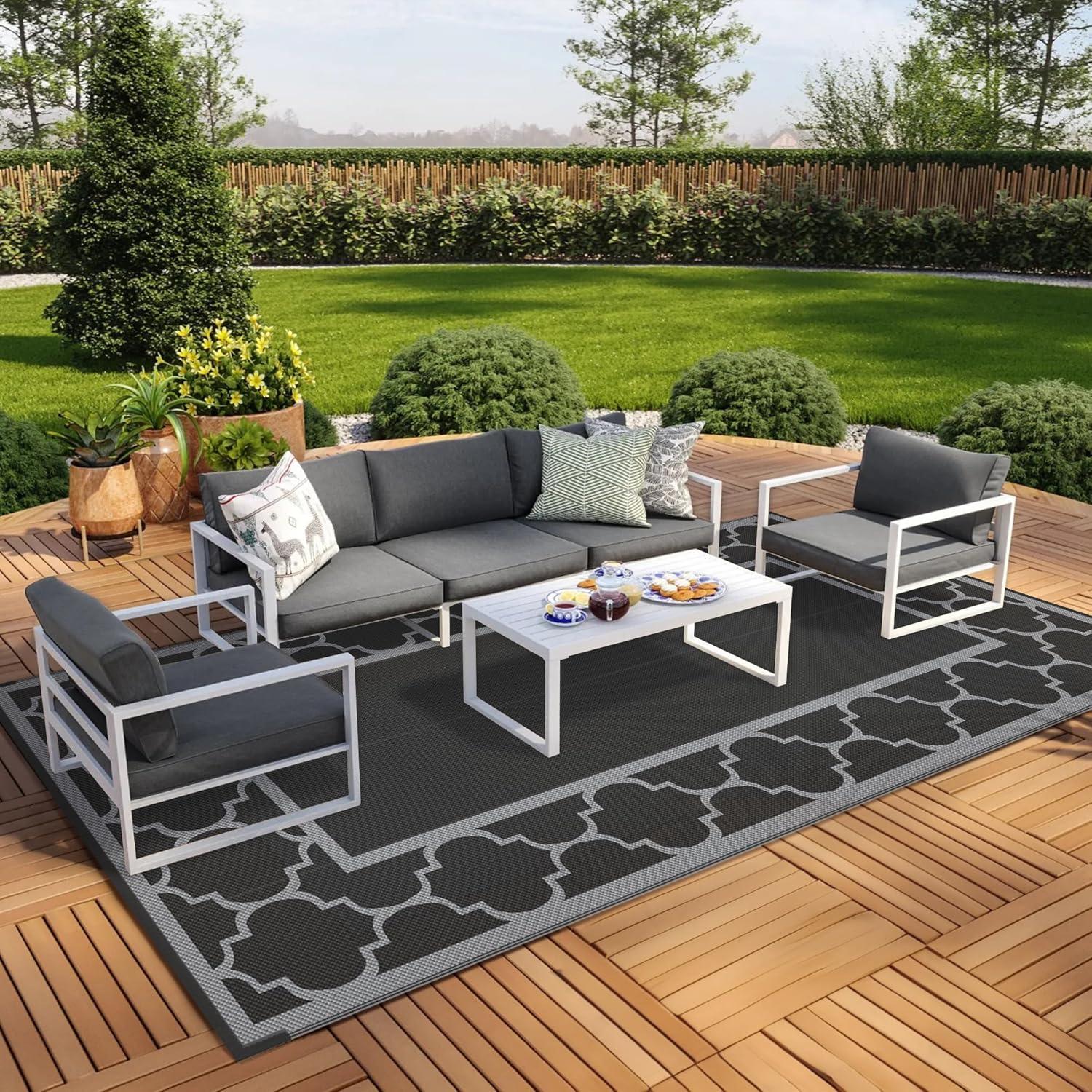 imageGENIMO 5 x 8 Outdoor Rug for Patio Waterproof Indoor Outdoor Plastic Straw Rugs Carpet Reversible Outside Area Mat for Camping Balcony Porch Deck Picnic Beach Navy Blue amp Jade GreenLanternBlackgray