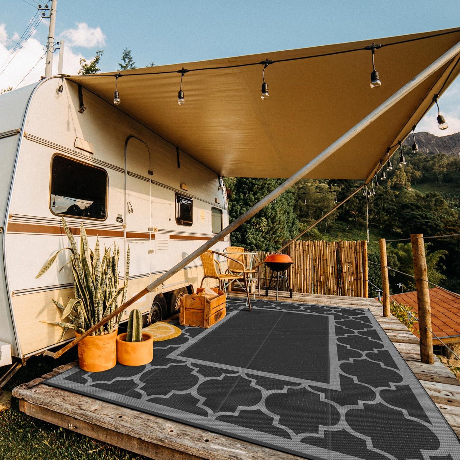 imageGENIMO 5 x 8 Outdoor Rug for Patio Waterproof Indoor Outdoor Plastic Straw Rugs Carpet Reversible Outside Area Mat for Camping Balcony Porch Deck Picnic Beach Navy Blue amp Jade GreenLanternBlackgray