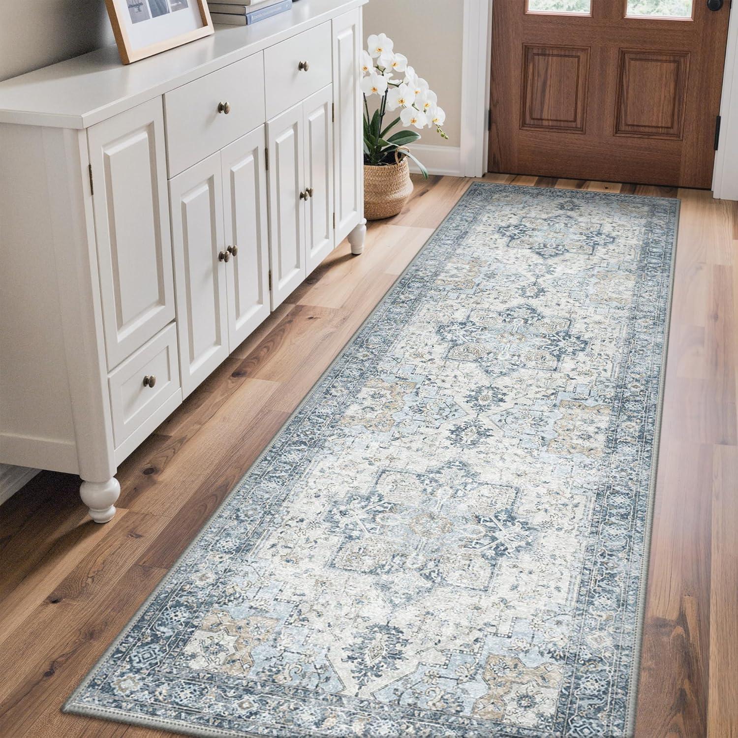 imageGENIMO Outdoor amp Indoor Area Rug 5x8 Waterproof NonShedding Easy Cleaning Boho Mat for Patio Living Room Balcony Dining Room RV Deck Bedroom Camping Outside CarpetBlueBlue