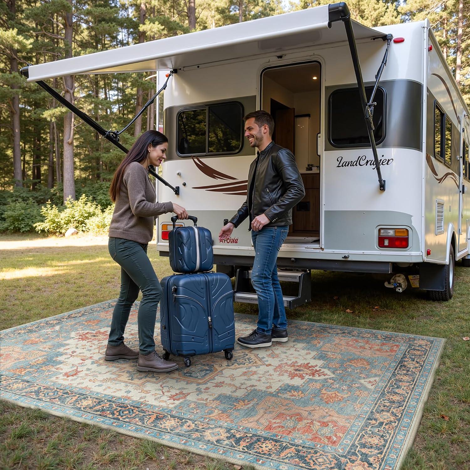 imageGENIMO Outdoor amp Indoor Area Rug 5x8 Waterproof NonShedding Easy Cleaning Boho Mat for Patio Living Room Balcony Dining Room RV Deck Bedroom Camping Outside CarpetBlueBlue Salmon
