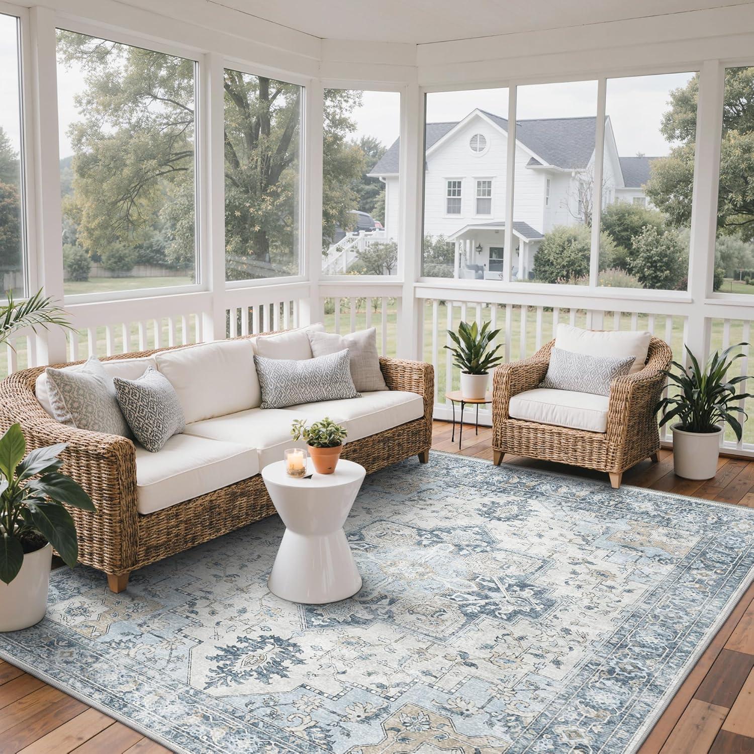 imageGENIMO Outdoor amp Indoor Area Rug 5x8 Waterproof NonShedding Easy Cleaning Boho Mat for Patio Living Room Balcony Dining Room RV Deck Bedroom Camping Outside CarpetBlueBlue