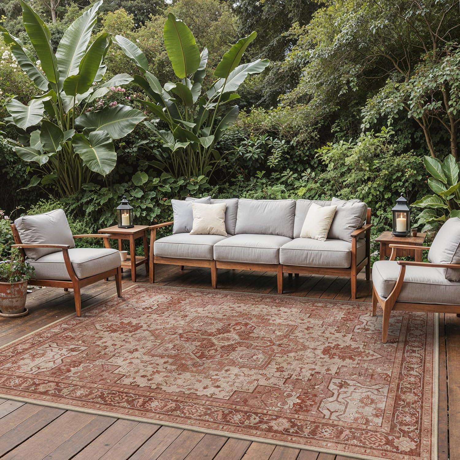 imageGENIMO Outdoor amp Indoor Area Rug 5x8 Waterproof NonShedding Easy Cleaning Boho Mat for Patio Living Room Balcony Dining Room RV Deck Bedroom Camping Outside CarpetBlueBrown Red