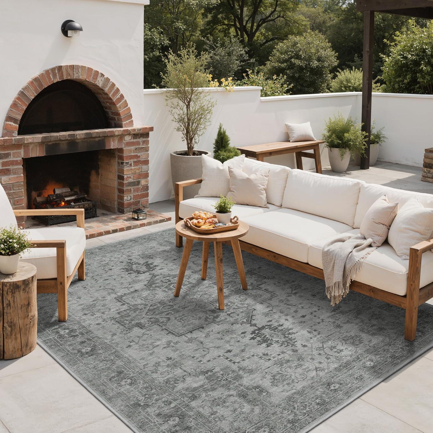 imageGENIMO Outdoor amp Indoor Area Rug 5x8 Waterproof NonShedding Easy Cleaning Boho Mat for Patio Living Room Balcony Dining Room RV Deck Bedroom Camping Outside CarpetBlueDark Grey
