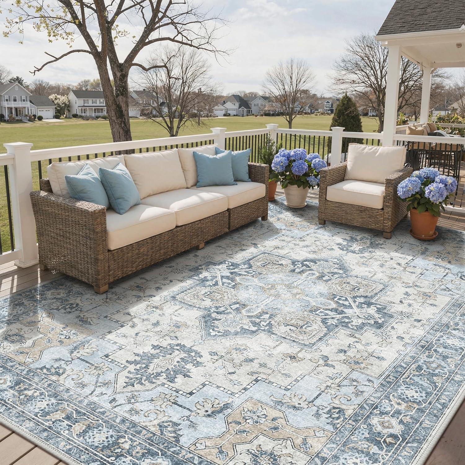 imageGENIMO Outdoor amp Indoor Area Rug 5x8 Waterproof NonShedding Easy Cleaning Boho Mat for Patio Living Room Balcony Dining Room RV Deck Bedroom Camping Outside CarpetBlueBlue