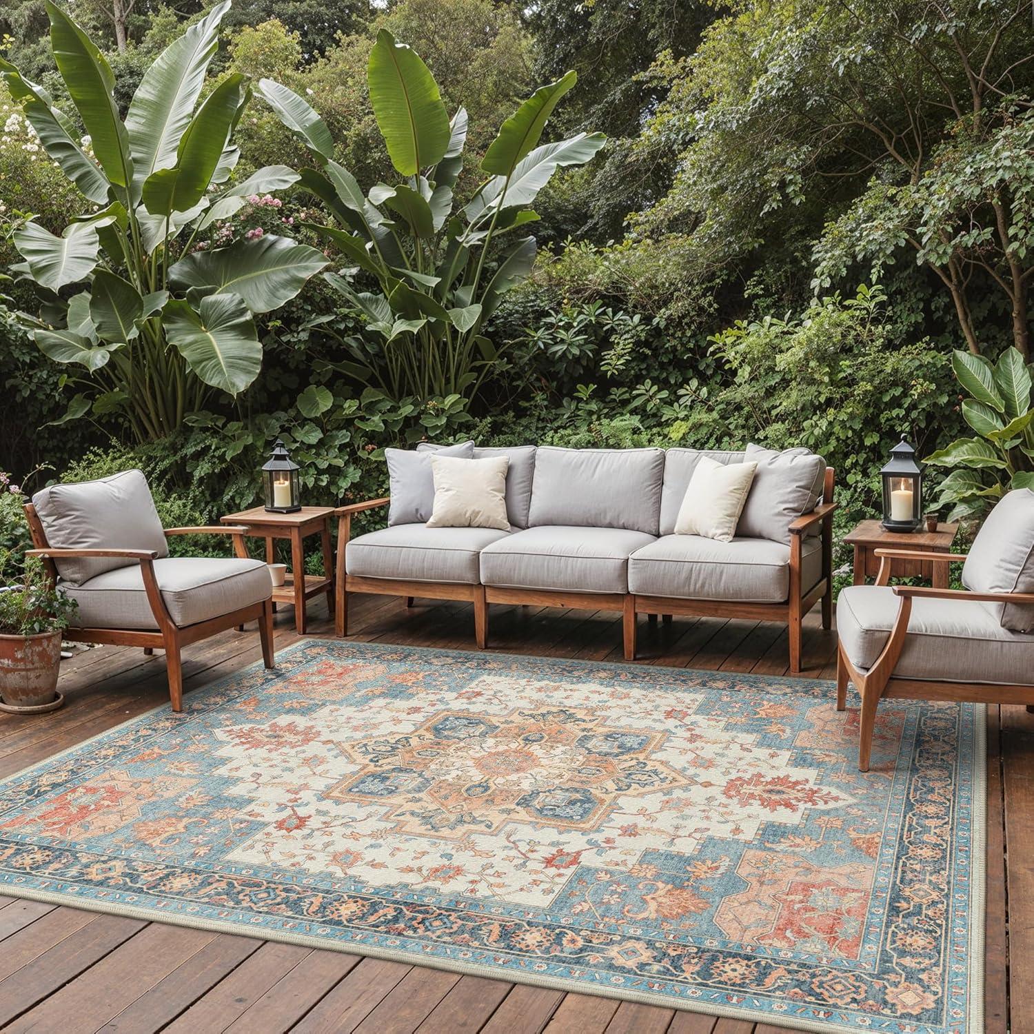 imageGENIMO Outdoor amp Indoor Area Rug 5x8 Waterproof NonShedding Easy Cleaning Boho Mat for Patio Living Room Balcony Dining Room RV Deck Bedroom Camping Outside CarpetBlueBlue Salmon