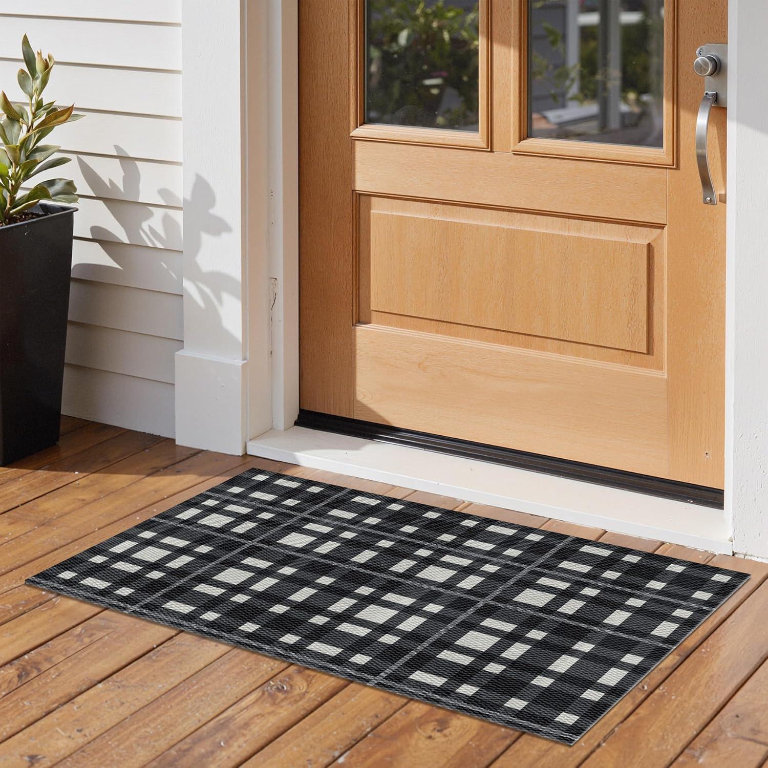 imageGENIMO Outdoor amp Indoor Area Rug 5x8 Waterproof NonShedding Easy Cleaning Boho Mat for Patio Living Room Balcony Dining Room RV Deck Bedroom Camping Outside CarpetBlueBlackplaid