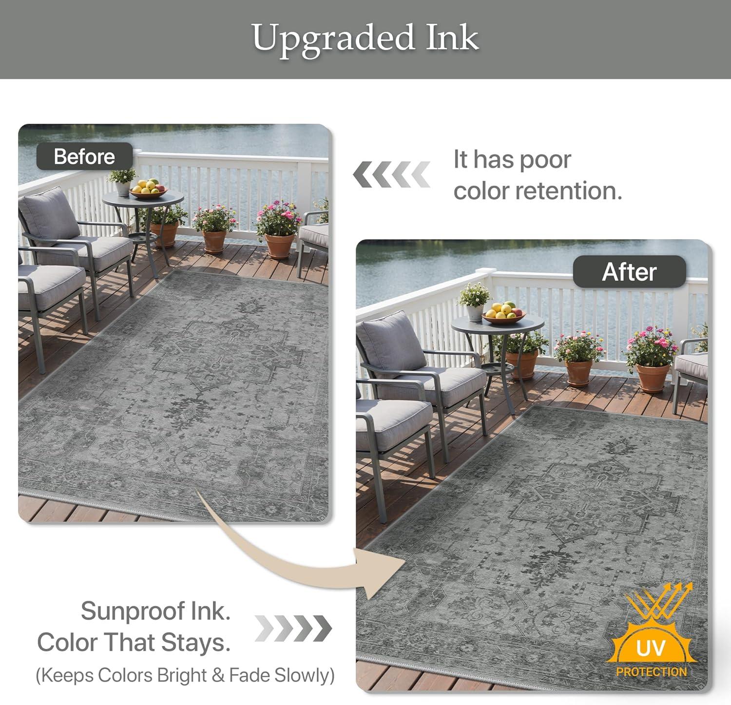 imageGENIMO Outdoor amp Indoor Area Rug 5x8 Waterproof NonShedding Easy Cleaning Boho Mat for Patio Living Room Balcony Dining Room RV Deck Bedroom Camping Outside CarpetBlueDark Grey