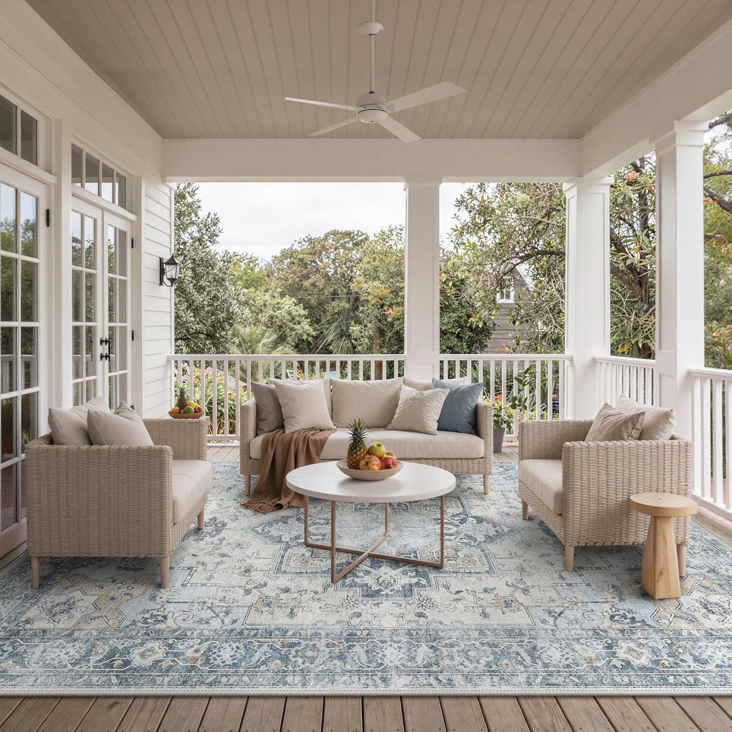 imageGENIMO Outdoor amp Indoor Area Rug 5x8 Waterproof NonShedding Easy Cleaning Boho Mat for Patio Living Room Balcony Dining Room RV Deck Bedroom Camping Outside CarpetBlueBlue