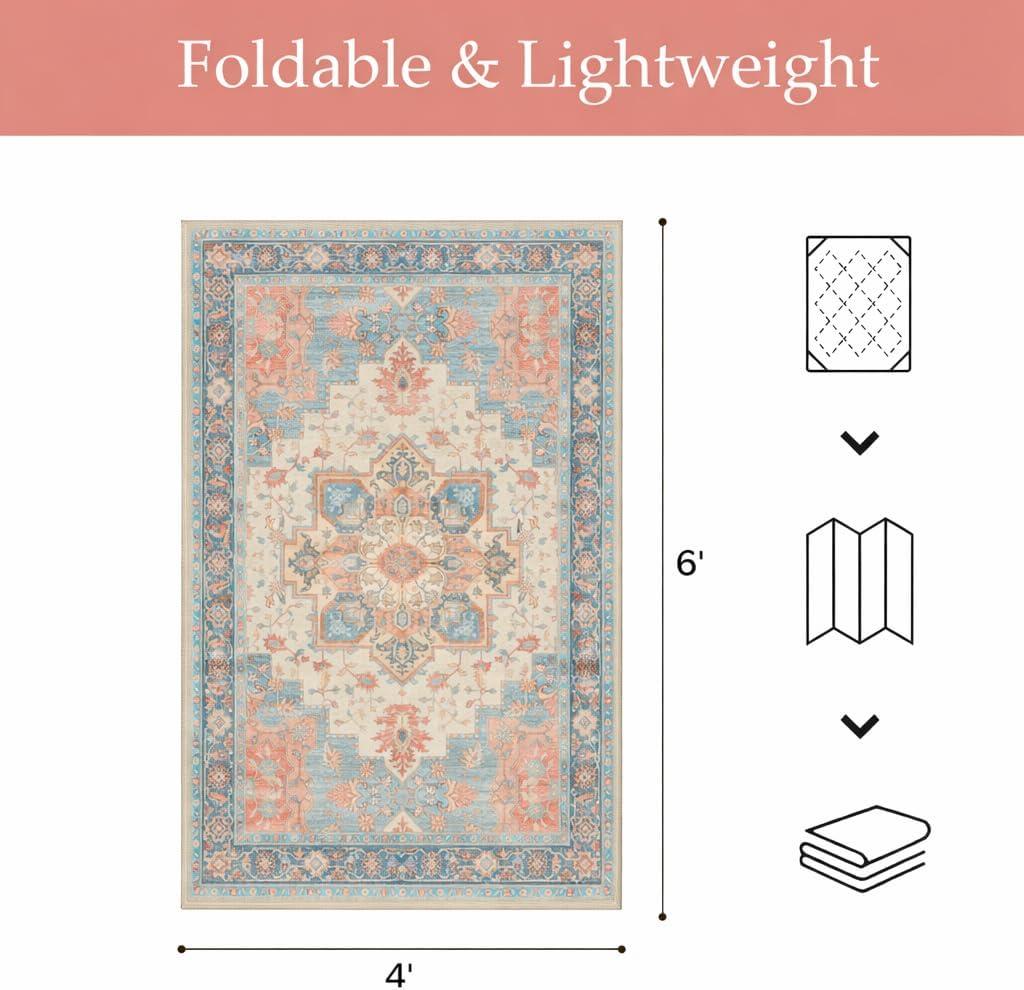 imageGENIMO Outdoor amp Indoor Area Rug 5x8 Waterproof NonShedding Easy Cleaning Boho Mat for Patio Living Room Balcony Dining Room RV Deck Bedroom Camping Outside CarpetBlueBlue Salmon