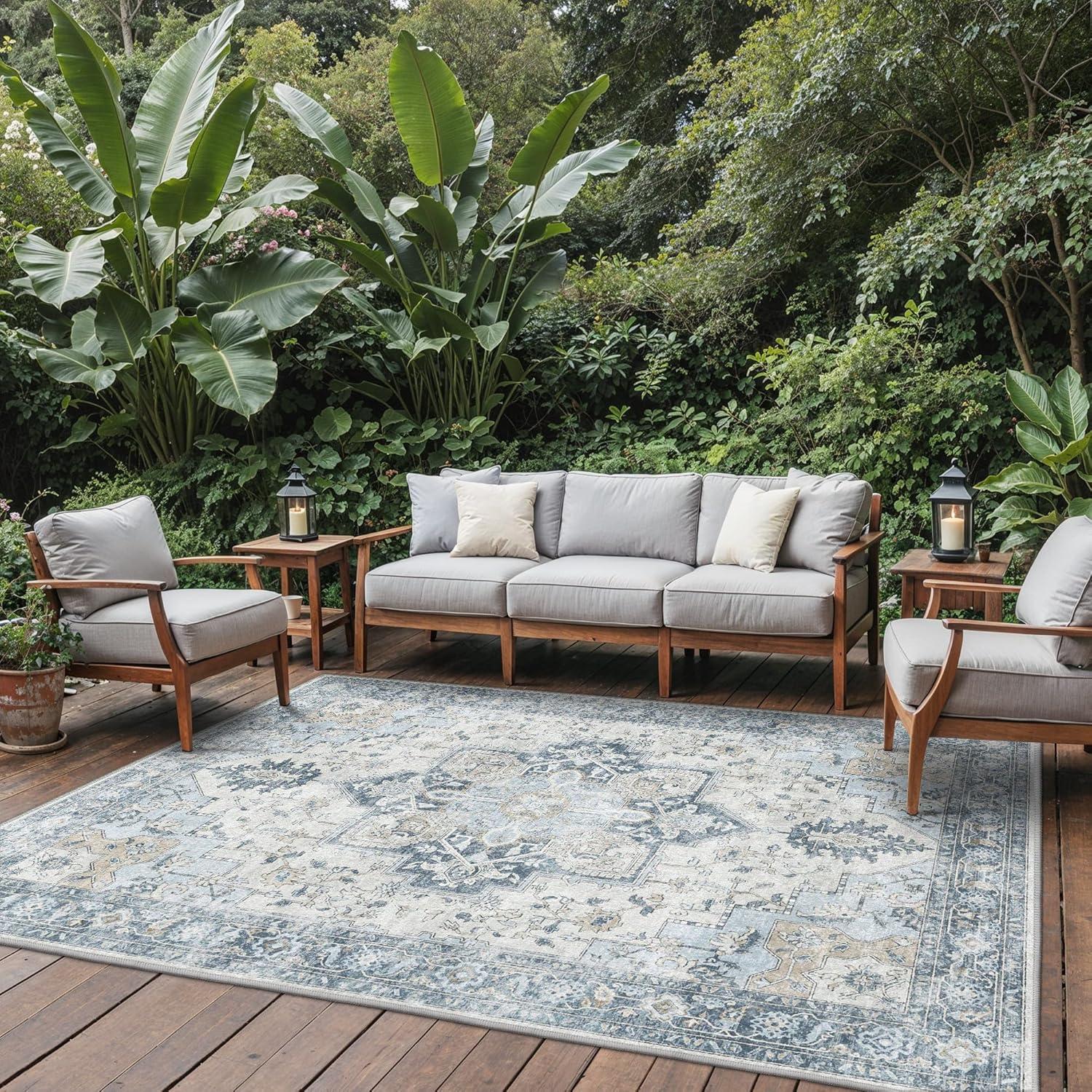 imageGENIMO Outdoor amp Indoor Area Rug 5x8 Waterproof NonShedding Easy Cleaning Boho Mat for Patio Living Room Balcony Dining Room RV Deck Bedroom Camping Outside CarpetBlueBlue