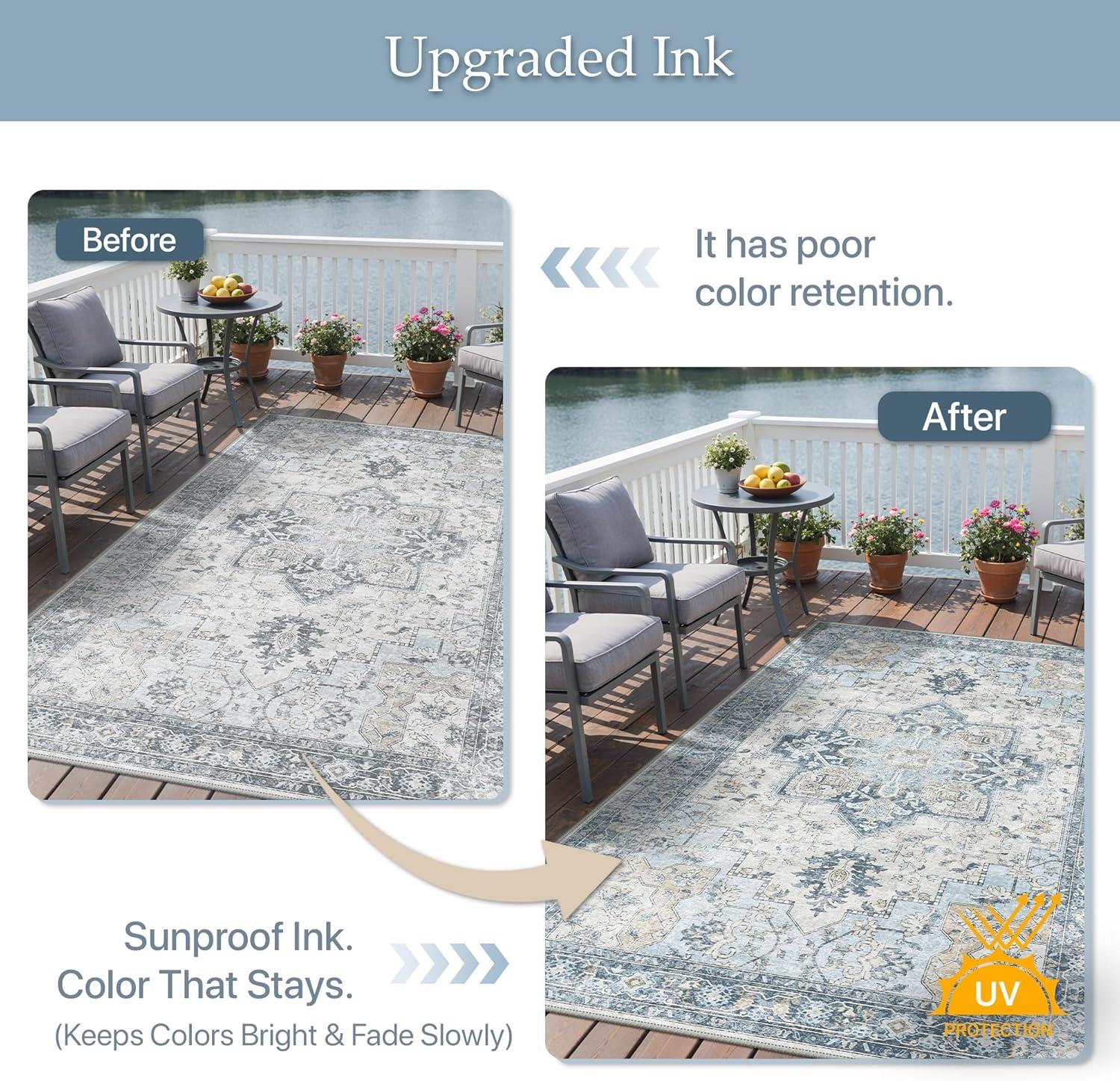 imageGENIMO Outdoor amp Indoor Area Rug 5x8 Waterproof NonShedding Easy Cleaning Boho Mat for Patio Living Room Balcony Dining Room RV Deck Bedroom Camping Outside CarpetBlueBlue
