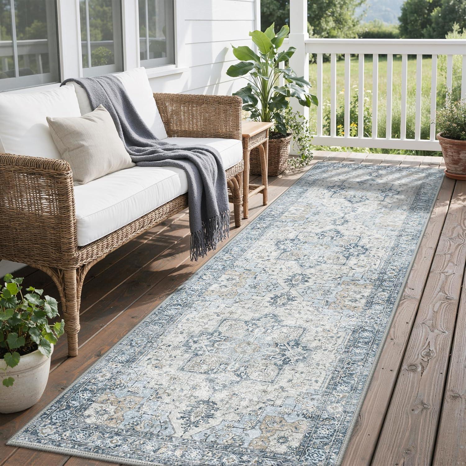 imageGENIMO Outdoor amp Indoor Area Rug 5x8 Waterproof NonShedding Easy Cleaning Boho Mat for Patio Living Room Balcony Dining Room RV Deck Bedroom Camping Outside CarpetBlueBlue