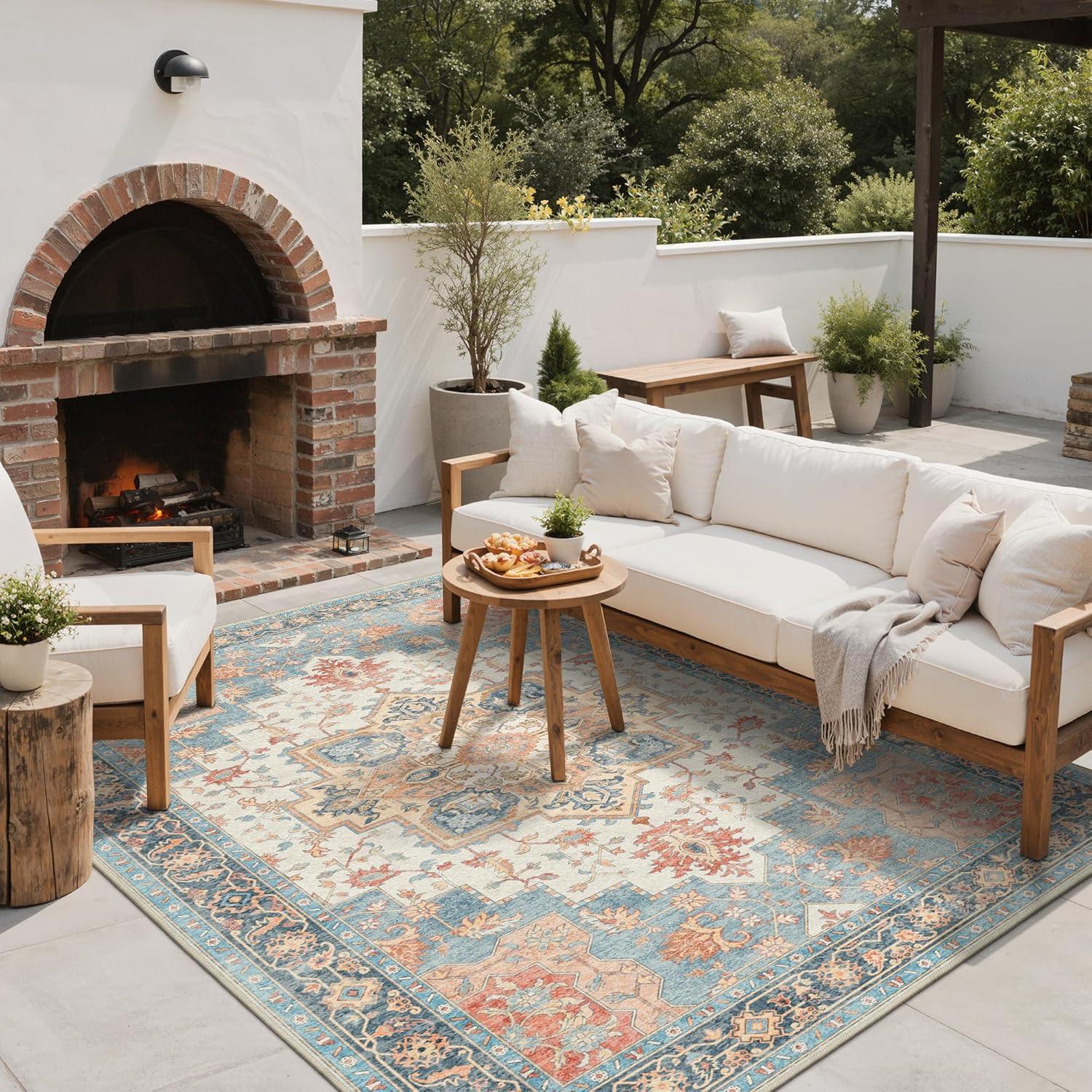 imageGENIMO Outdoor amp Indoor Area Rug 5x8 Waterproof NonShedding Easy Cleaning Boho Mat for Patio Living Room Balcony Dining Room RV Deck Bedroom Camping Outside CarpetBlueBlue Salmon