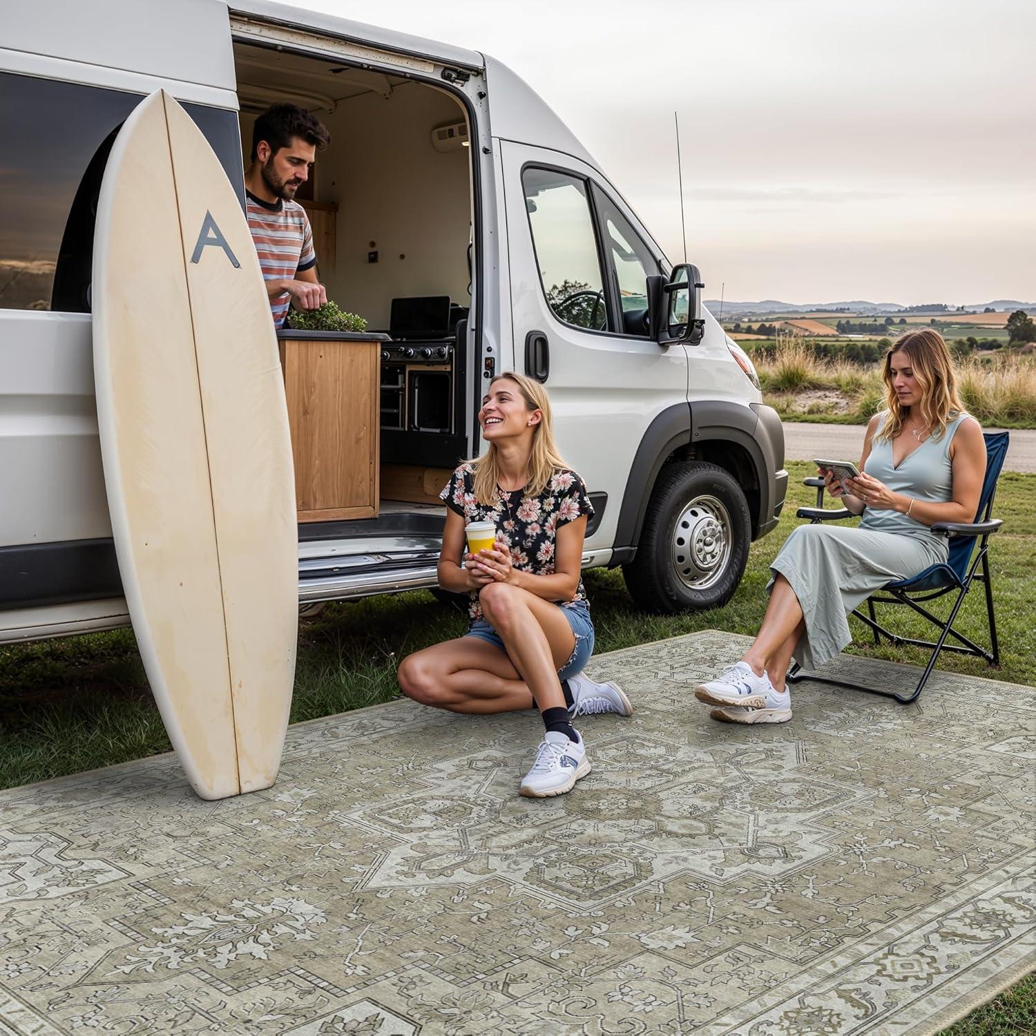imageGENIMO Outdoor amp Indoor Area Rug 5x8 Waterproof NonShedding Easy Cleaning Boho Mat for Patio Living Room Balcony Dining Room RV Deck Bedroom Camping Outside CarpetBlueCoffee Beige