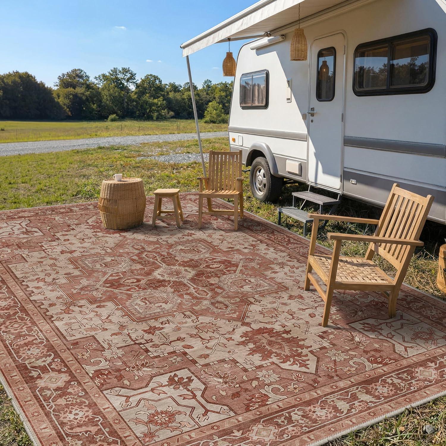 imageGENIMO Outdoor amp Indoor Area Rug 5x8 Waterproof NonShedding Easy Cleaning Boho Mat for Patio Living Room Balcony Dining Room RV Deck Bedroom Camping Outside CarpetBlueBrown Red