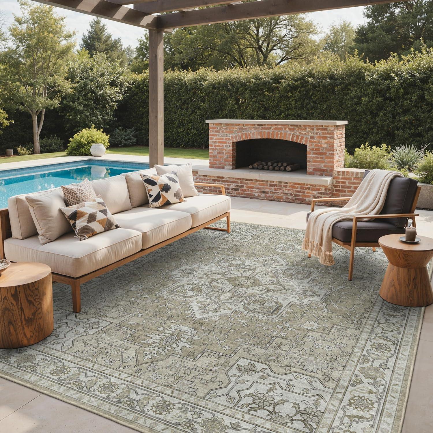 imageGENIMO Outdoor amp Indoor Area Rug 5x8 Waterproof NonShedding Easy Cleaning Boho Mat for Patio Living Room Balcony Dining Room RV Deck Bedroom Camping Outside CarpetBlueCoffee Beige
