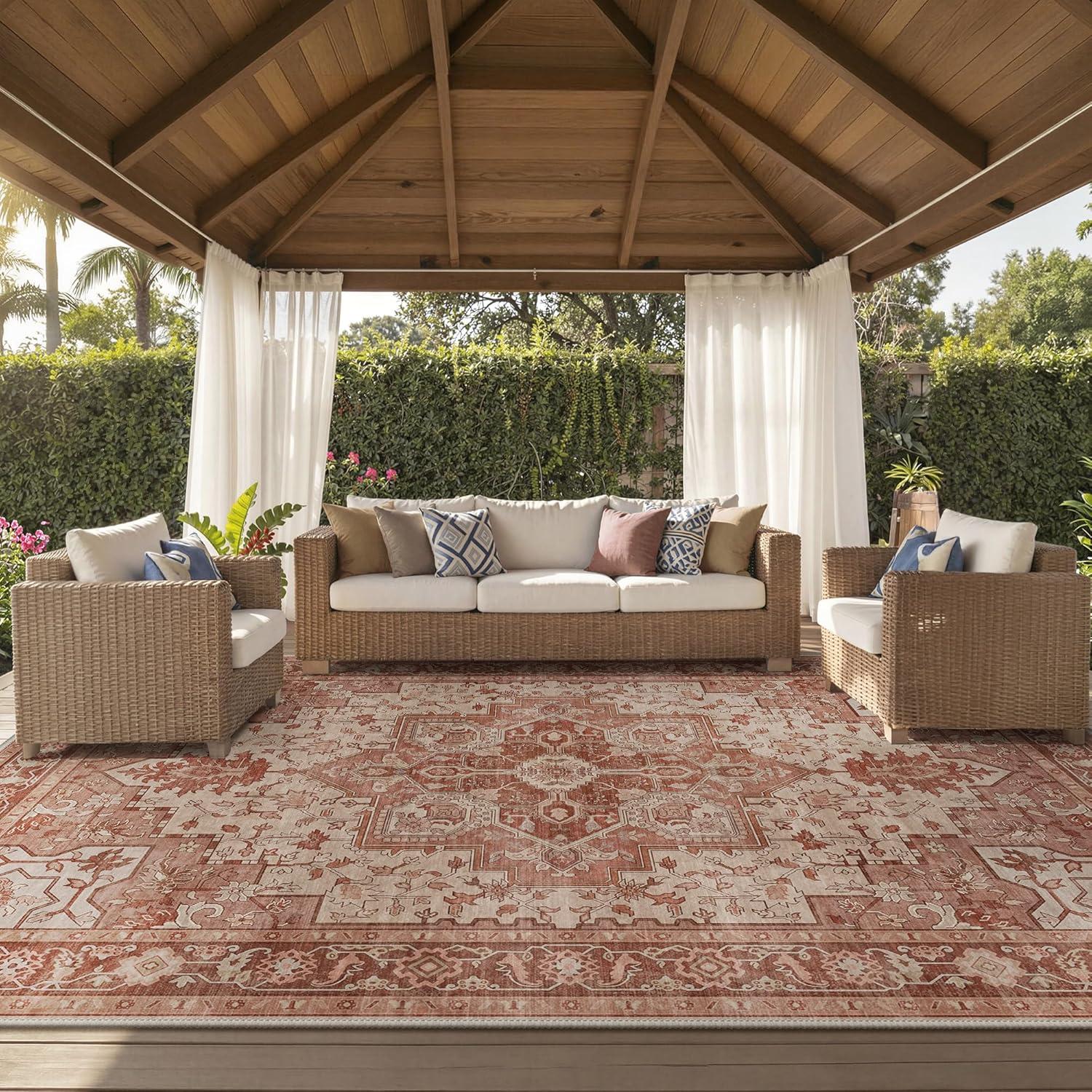 imageGENIMO Outdoor amp Indoor Area Rug 5x8 Waterproof NonShedding Easy Cleaning Boho Mat for Patio Living Room Balcony Dining Room RV Deck Bedroom Camping Outside CarpetBlueBrown Red