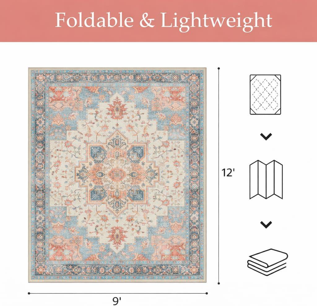 imageGENIMO Outdoor amp Indoor Area Rug 5x8 Waterproof NonShedding Easy Cleaning Boho Mat for Patio Living Room Balcony Dining Room RV Deck Bedroom Camping Outside CarpetBlueBlue Salmon
