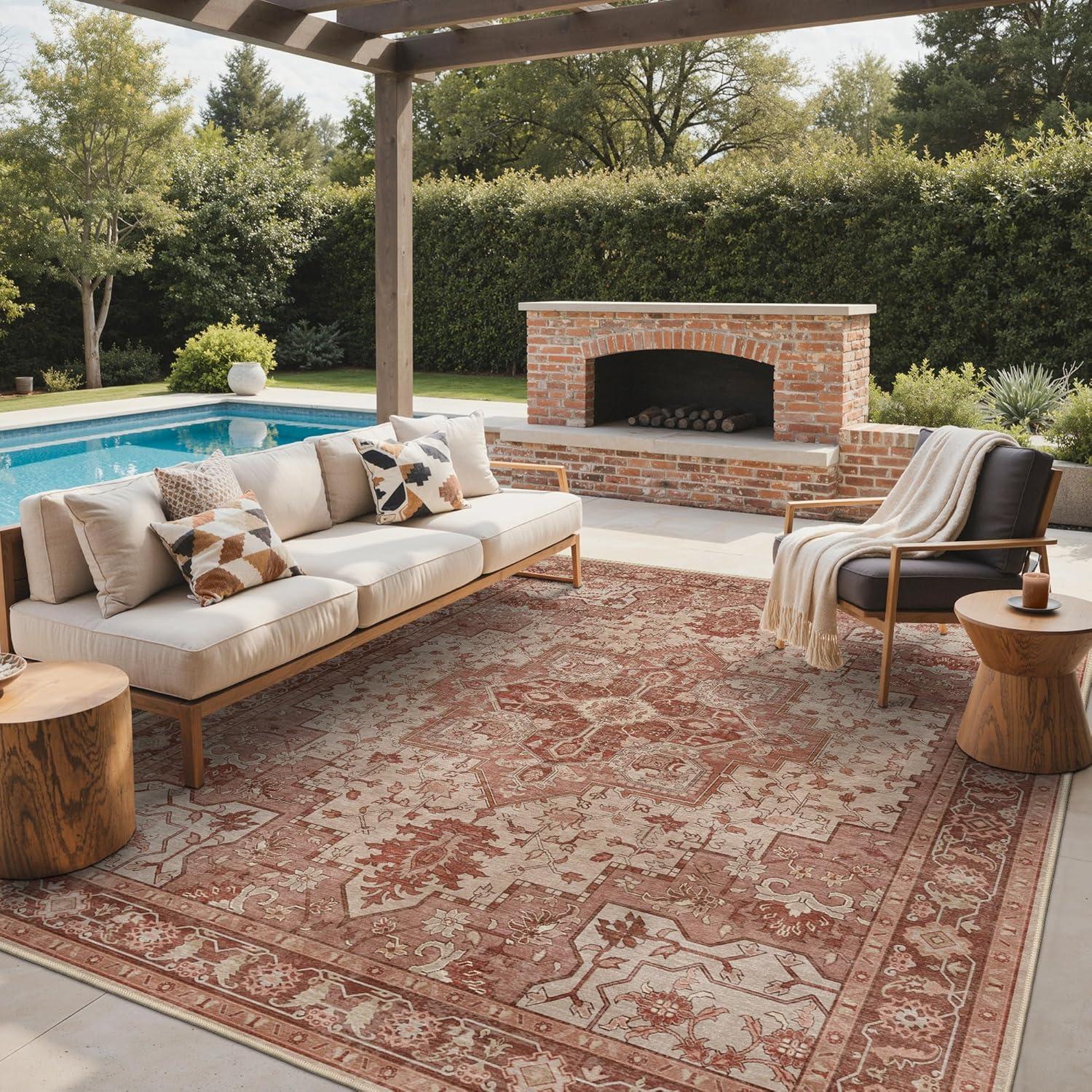 imageGENIMO Outdoor amp Indoor Area Rug 5x8 Waterproof NonShedding Easy Cleaning Boho Mat for Patio Living Room Balcony Dining Room RV Deck Bedroom Camping Outside CarpetBlueBrown Red