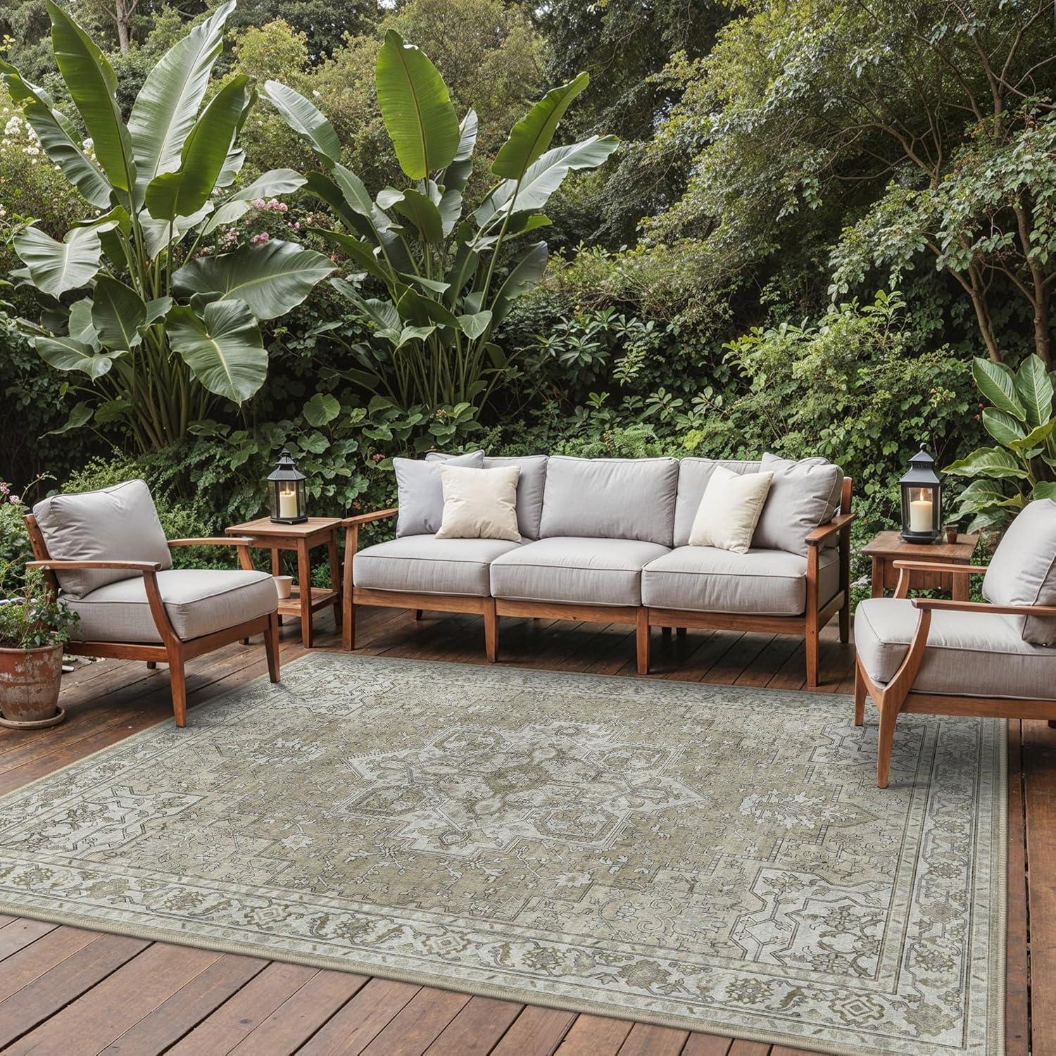 imageGENIMO Outdoor amp Indoor Area Rug 5x8 Waterproof NonShedding Easy Cleaning Boho Mat for Patio Living Room Balcony Dining Room RV Deck Bedroom Camping Outside CarpetBlueCoffee Beige