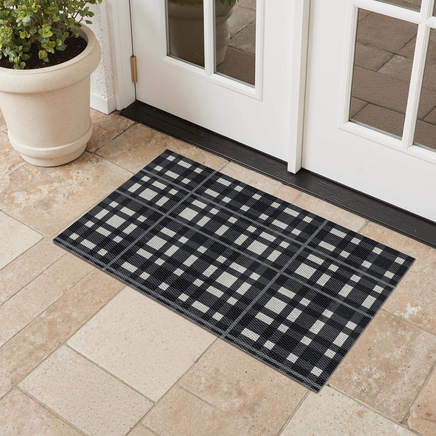 imageGENIMO Outdoor amp Indoor Area Rug 5x8 Waterproof NonShedding Easy Cleaning Boho Mat for Patio Living Room Balcony Dining Room RV Deck Bedroom Camping Outside CarpetBlueBlackplaid