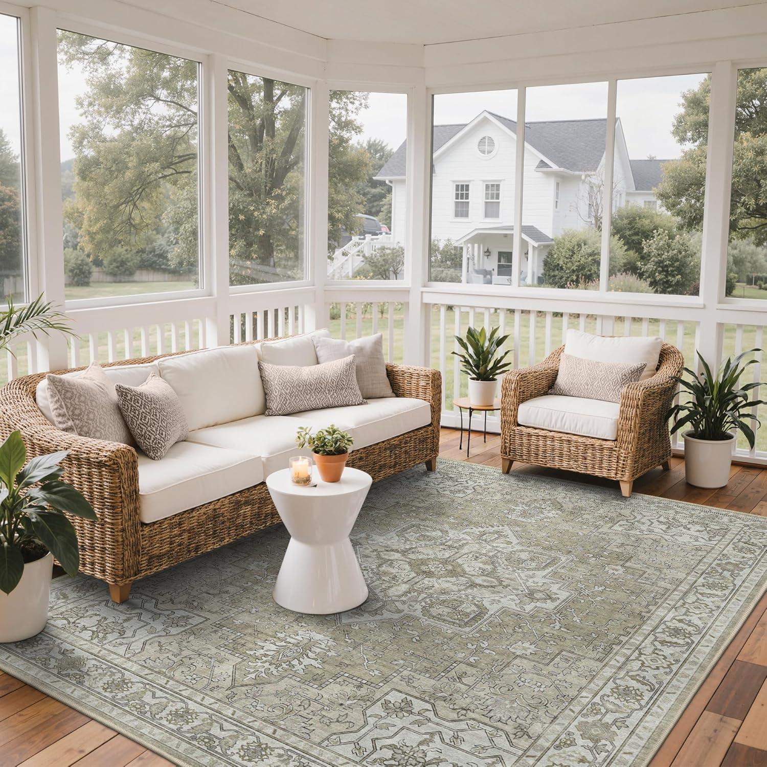 imageGENIMO Outdoor amp Indoor Area Rug 5x8 Waterproof NonShedding Easy Cleaning Boho Mat for Patio Living Room Balcony Dining Room RV Deck Bedroom Camping Outside CarpetBlueCoffee Beige