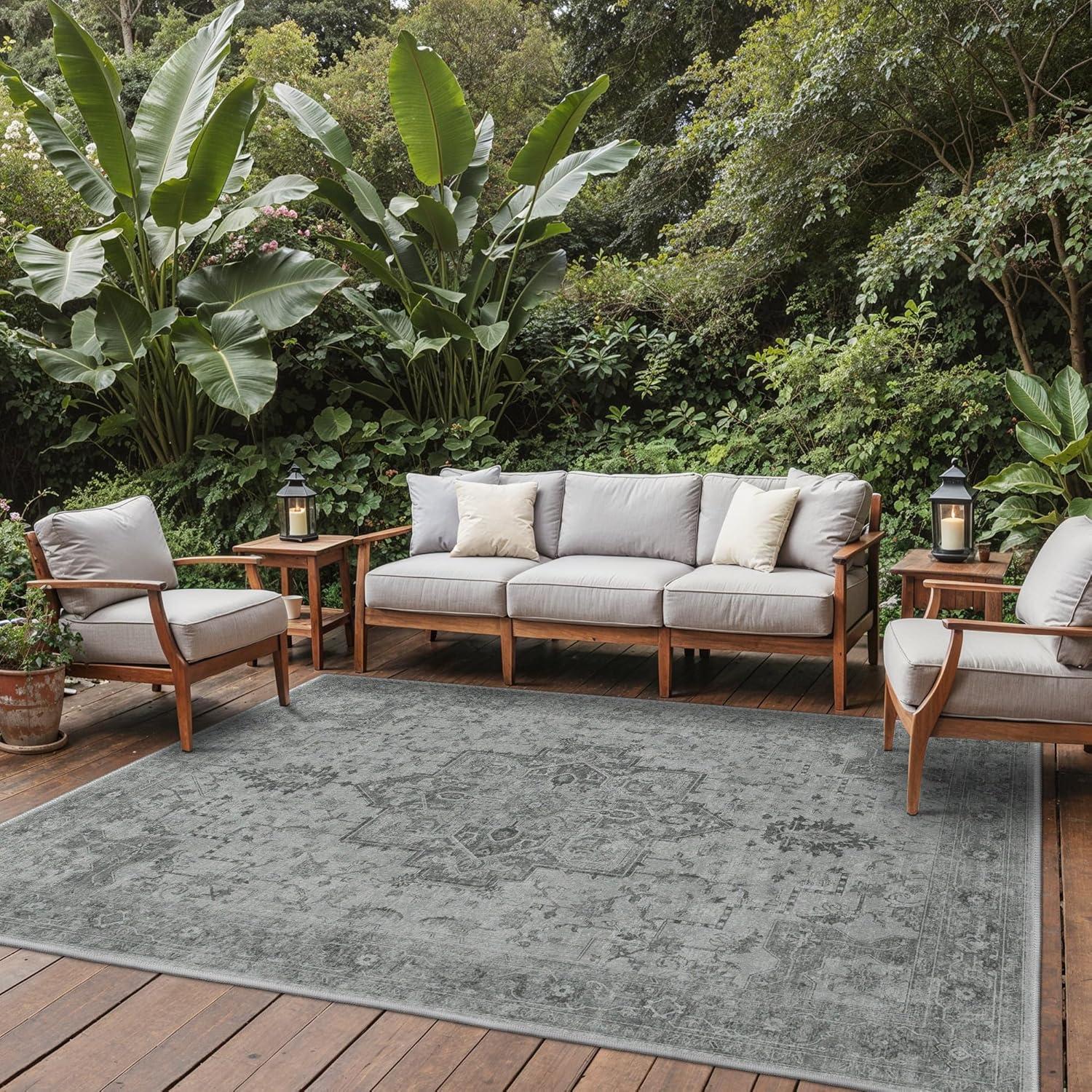 imageGENIMO Outdoor amp Indoor Area Rug 5x8 Waterproof NonShedding Easy Cleaning Boho Mat for Patio Living Room Balcony Dining Room RV Deck Bedroom Camping Outside CarpetBlueDark Grey