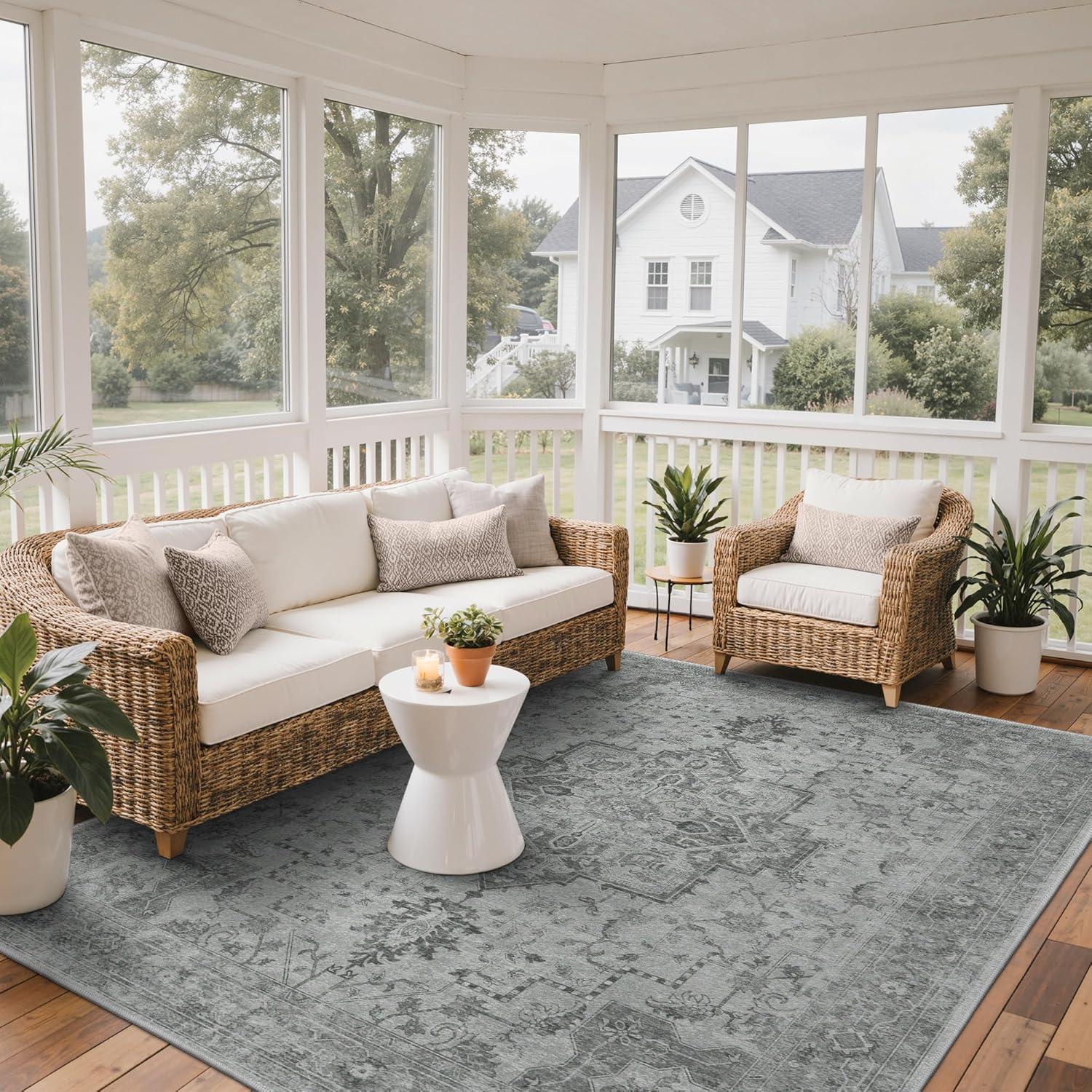 imageGENIMO Outdoor amp Indoor Area Rug 5x8 Waterproof NonShedding Easy Cleaning Boho Mat for Patio Living Room Balcony Dining Room RV Deck Bedroom Camping Outside CarpetBlueDark Grey