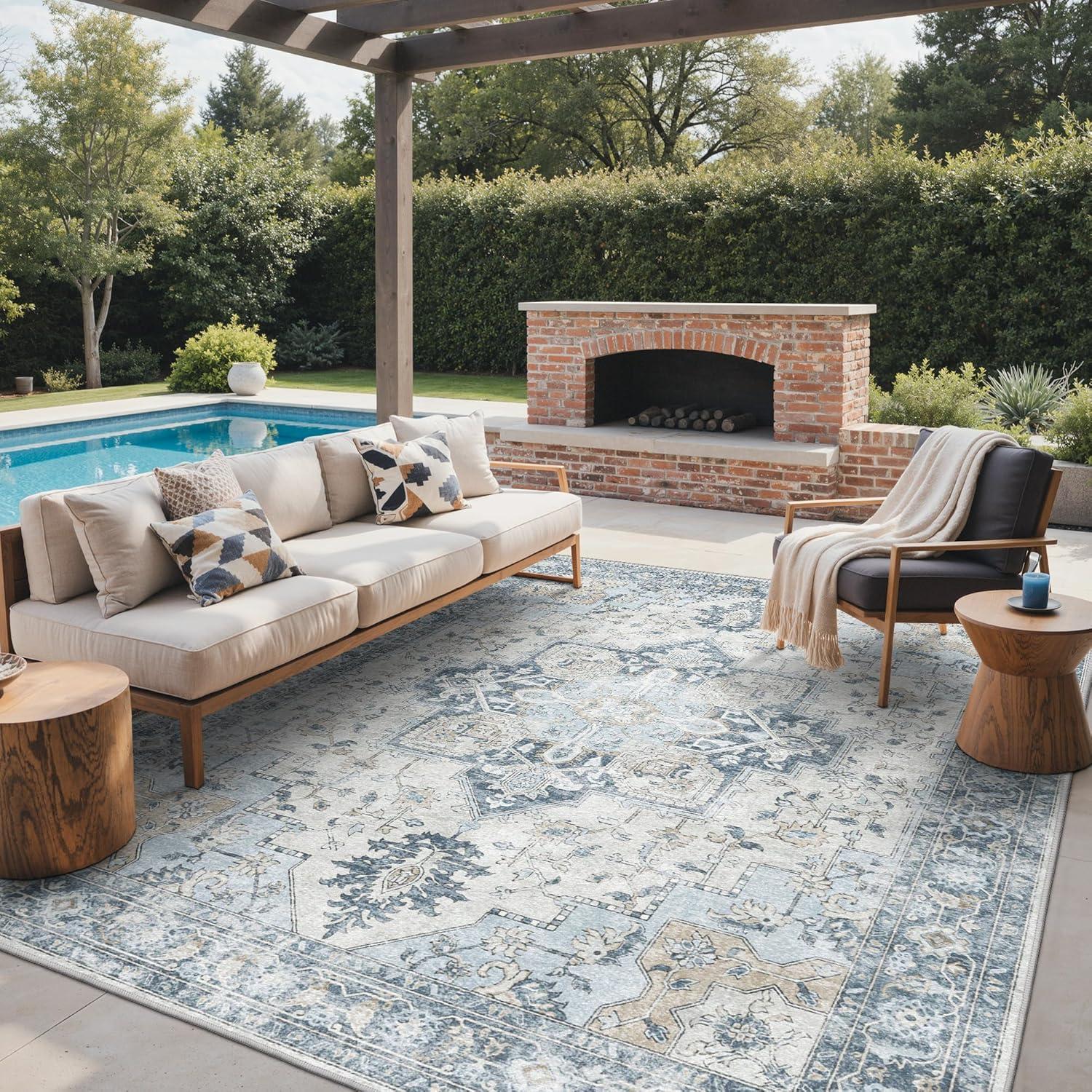 imageGENIMO Outdoor amp Indoor Area Rug 5x8 Waterproof NonShedding Easy Cleaning Boho Mat for Patio Living Room Balcony Dining Room RV Deck Bedroom Camping Outside CarpetBlueBlue