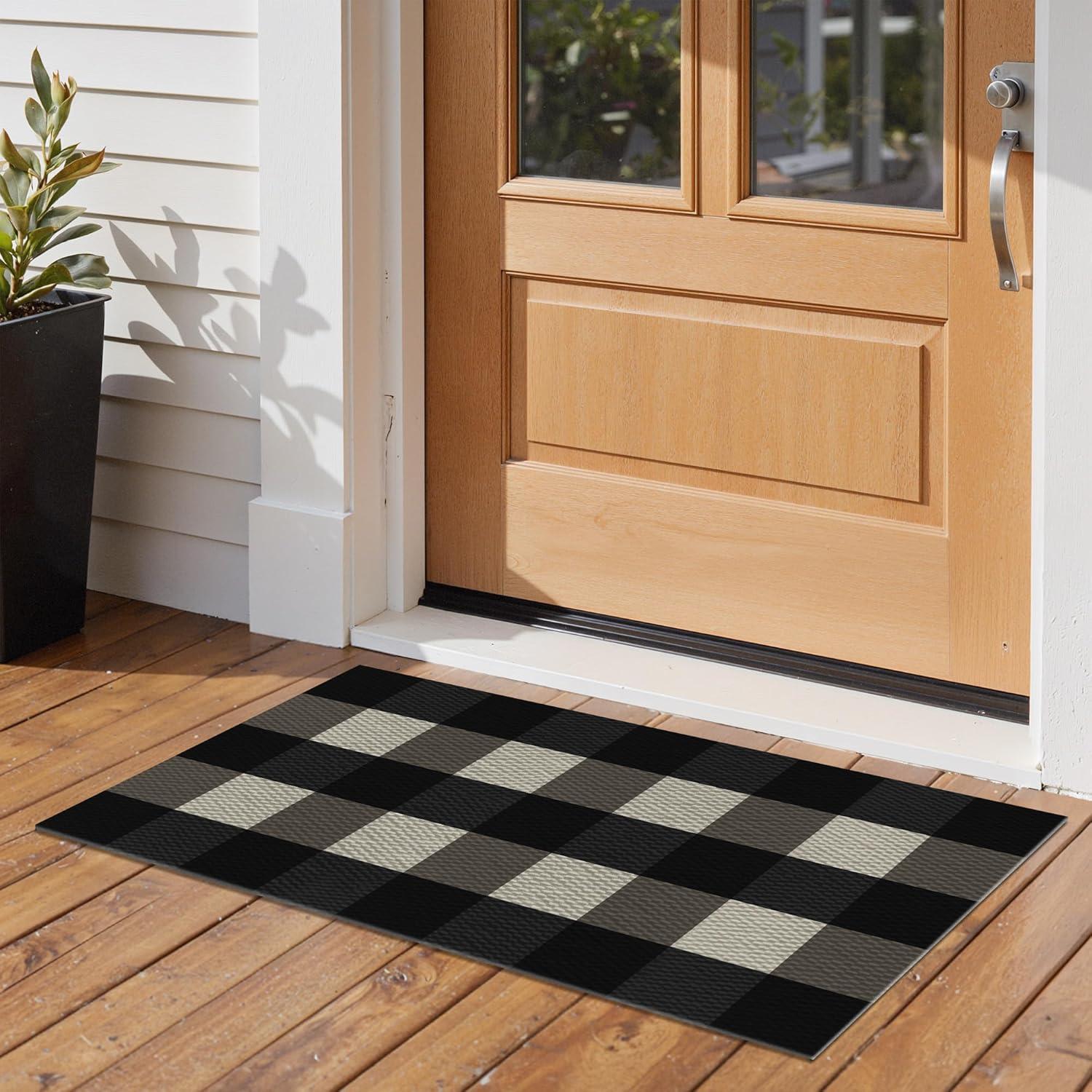 imageGENIMO Outdoor amp Indoor Area Rug 5x8 Waterproof NonShedding Easy Cleaning Boho Mat for Patio Living Room Balcony Dining Room RV Deck Bedroom Camping Outside CarpetBlueBlack White