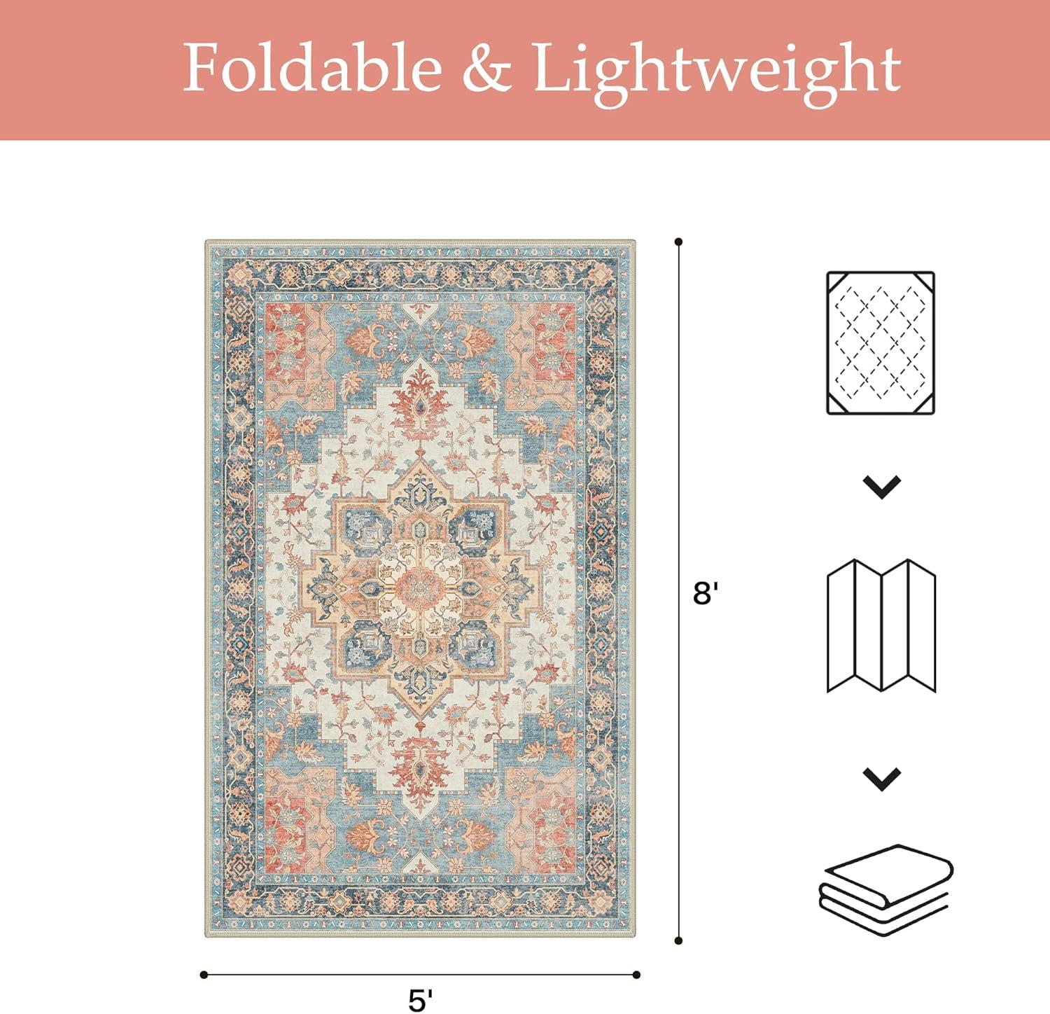 imageGENIMO Outdoor amp Indoor Area Rug 5x8 Waterproof NonShedding Easy Cleaning Boho Mat for Patio Living Room Balcony Dining Room RV Deck Bedroom Camping Outside CarpetBlueBlue Salmon