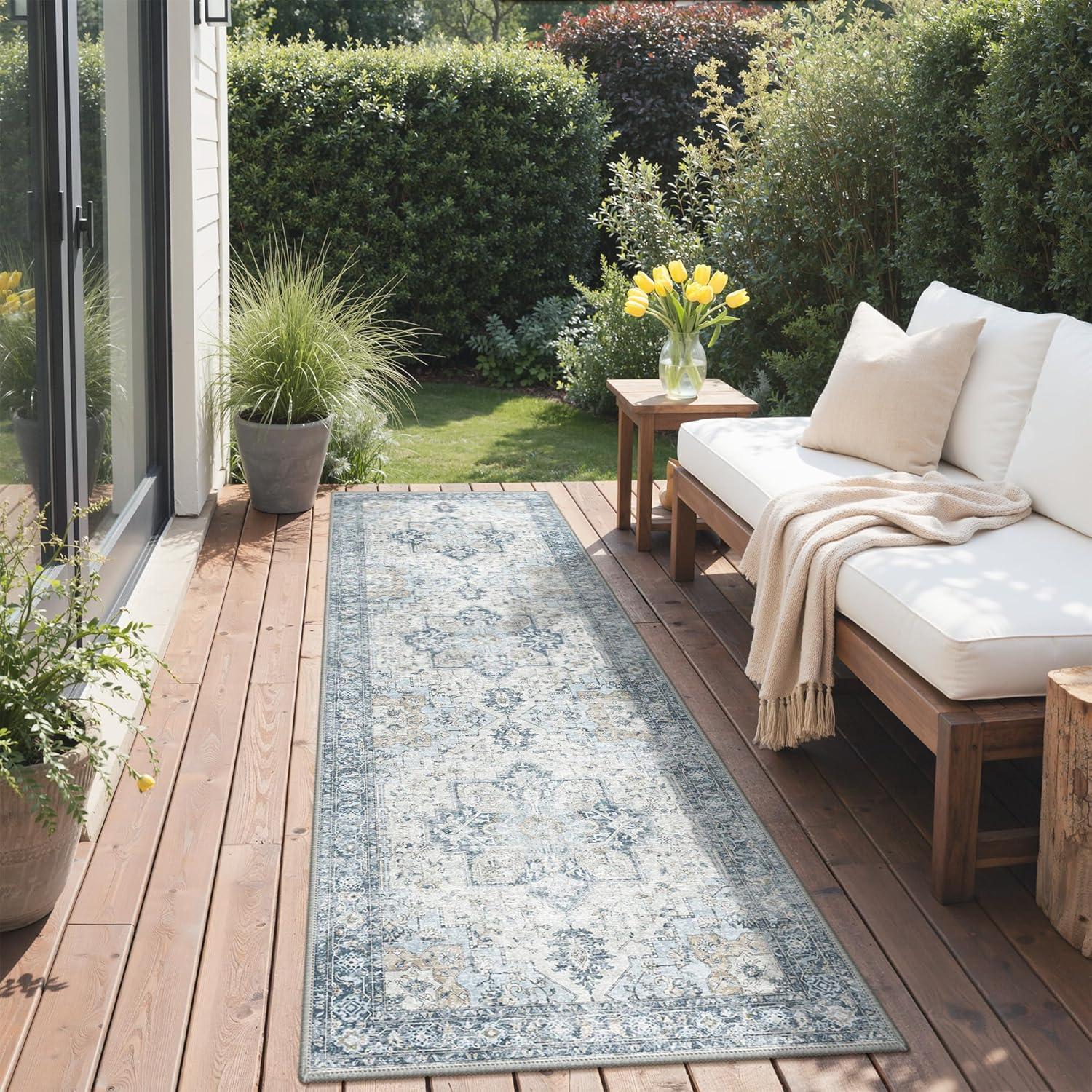 imageGENIMO Outdoor amp Indoor Area Rug 5x8 Waterproof NonShedding Easy Cleaning Boho Mat for Patio Living Room Balcony Dining Room RV Deck Bedroom Camping Outside CarpetBlueBlue
