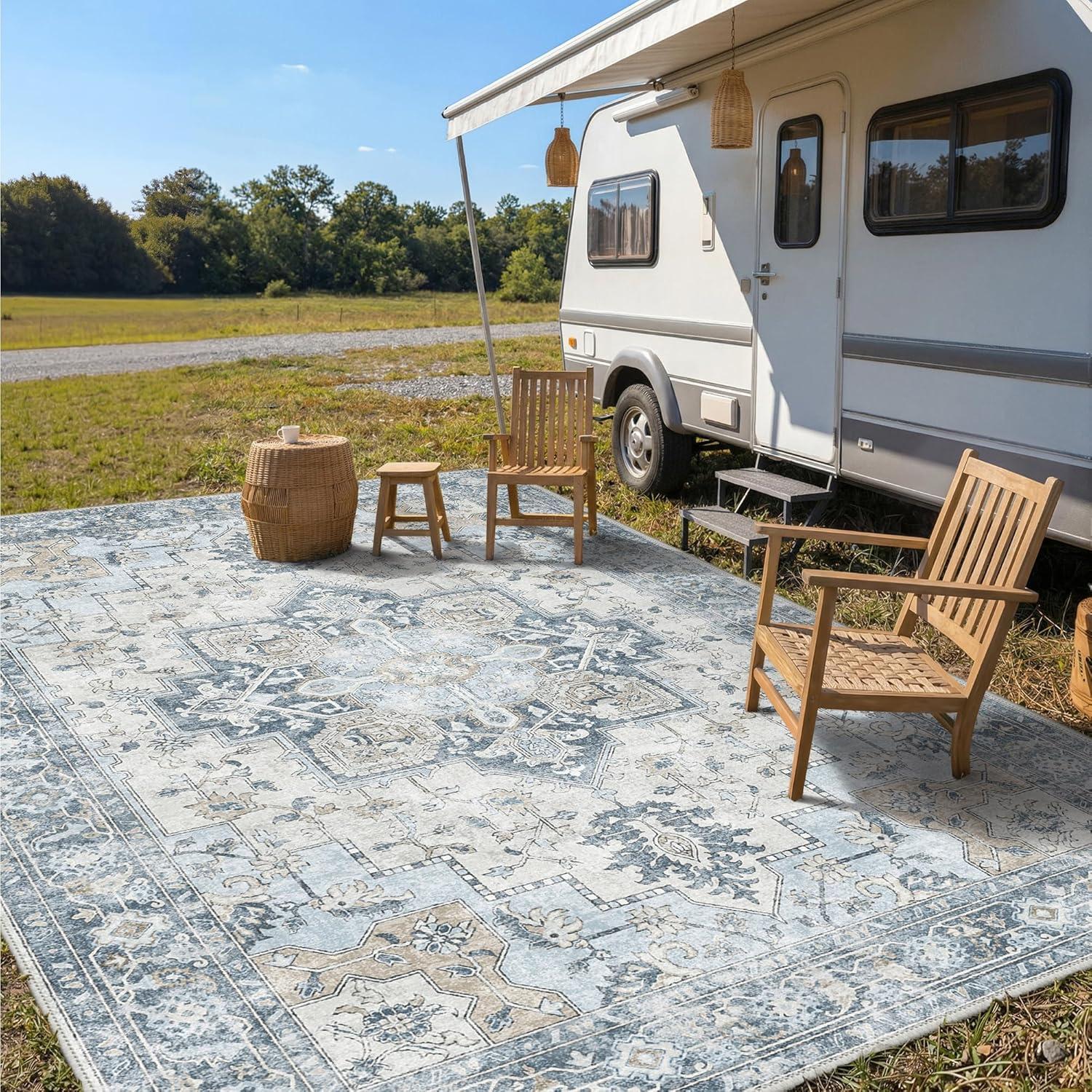 imageGENIMO Outdoor amp Indoor Area Rug 5x8 Waterproof NonShedding Easy Cleaning Boho Mat for Patio Living Room Balcony Dining Room RV Deck Bedroom Camping Outside CarpetBlueBlue