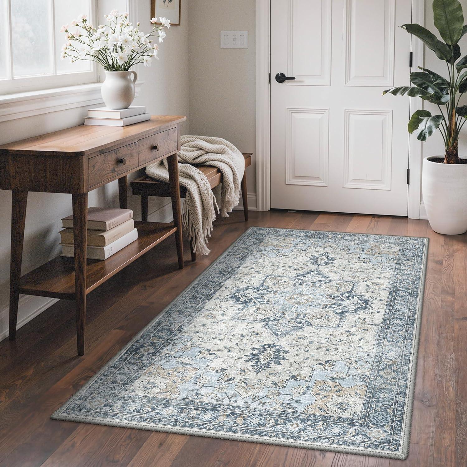 imageGENIMO Outdoor amp Indoor Area Rug 5x8 Waterproof NonShedding Easy Cleaning Boho Mat for Patio Living Room Balcony Dining Room RV Deck Bedroom Camping Outside CarpetBlueBlue