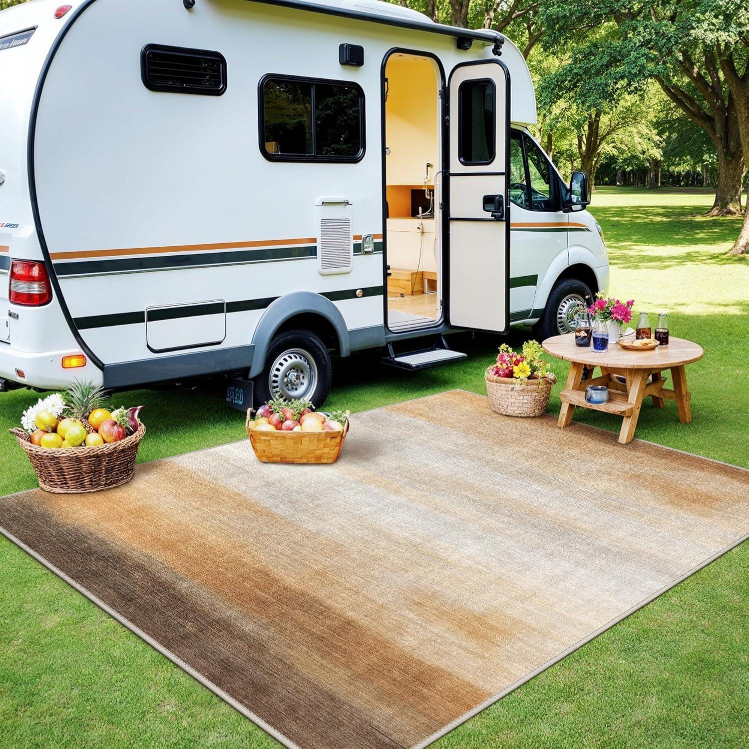 imageGENIMO Outdoor amp Indoor Area Rug 5x8 Waterproof NonShedding Easy Cleaning Boho Mat for Patio Living Room Balcony Dining Room RV Deck Bedroom Camping Outside CarpetBlueBrown2