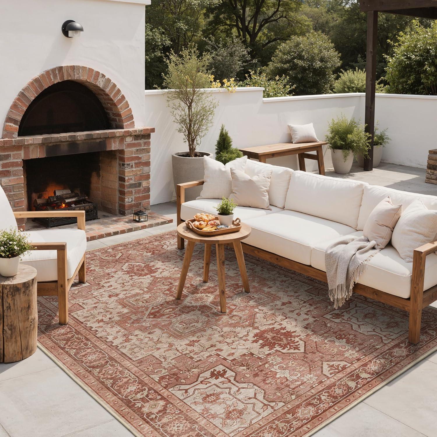 imageGENIMO Outdoor amp Indoor Area Rug 5x8 Waterproof NonShedding Easy Cleaning Boho Mat for Patio Living Room Balcony Dining Room RV Deck Bedroom Camping Outside CarpetBlueBrown Red