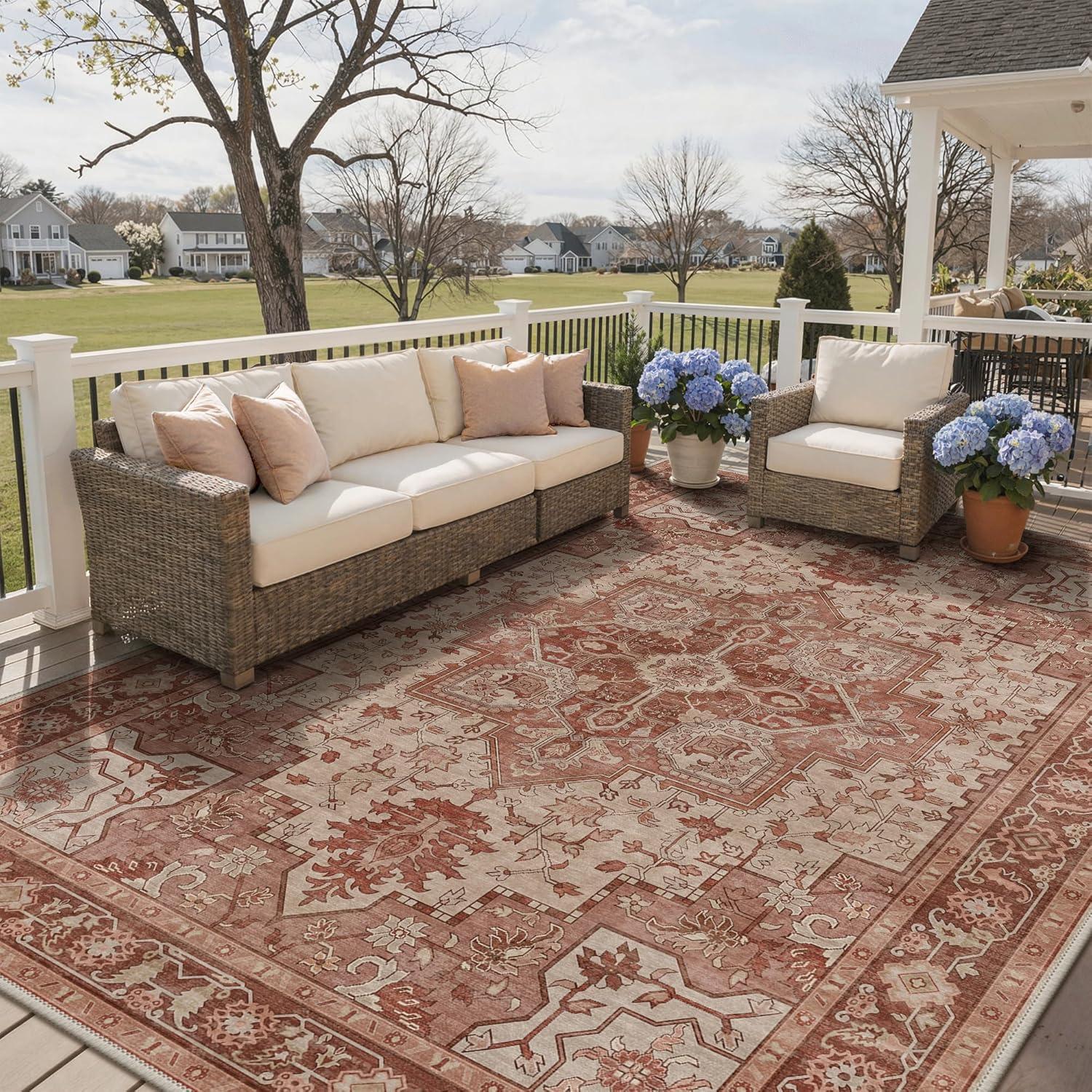 imageGENIMO Outdoor amp Indoor Area Rug 5x8 Waterproof NonShedding Easy Cleaning Boho Mat for Patio Living Room Balcony Dining Room RV Deck Bedroom Camping Outside CarpetBlueBrown Red